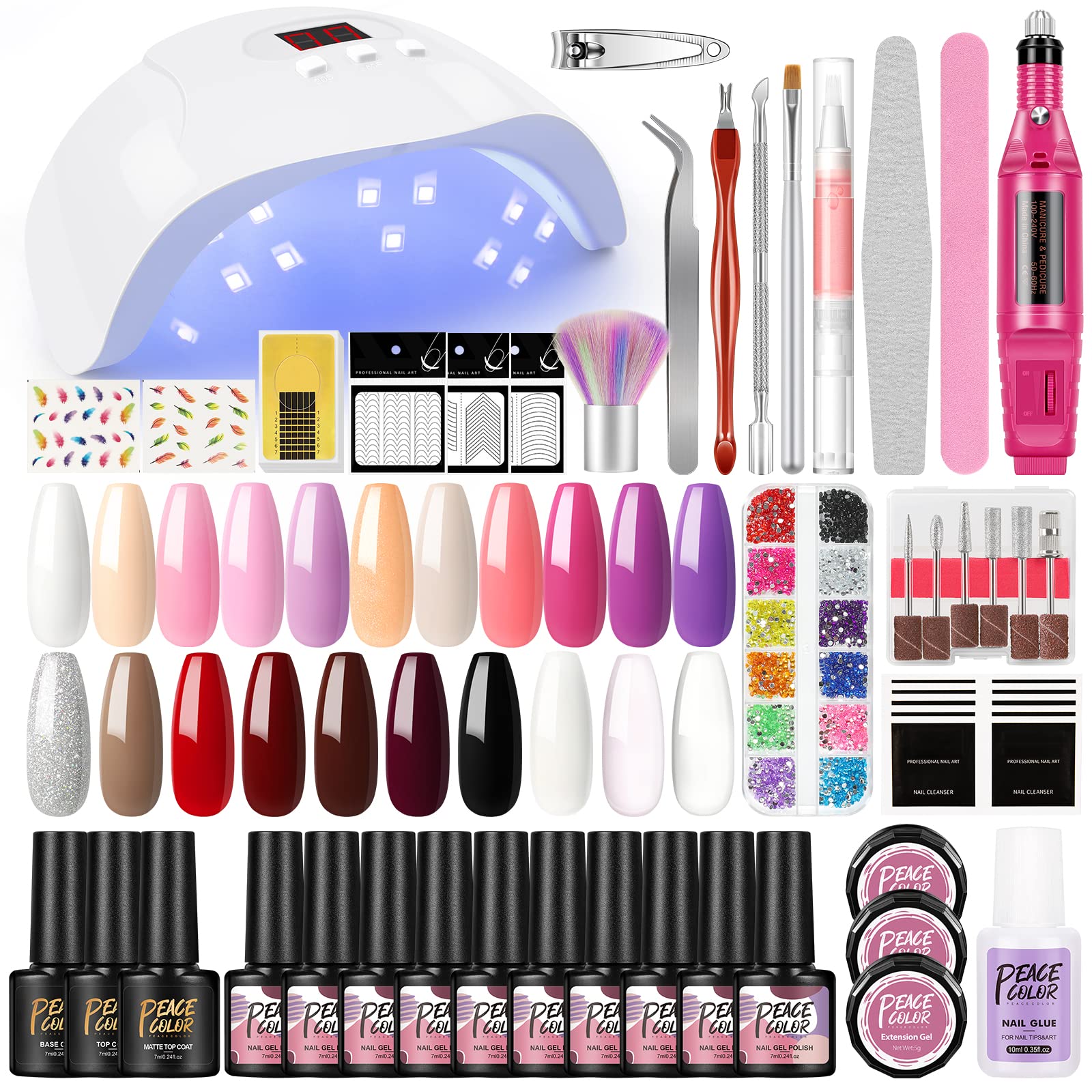 Peacecolor 48W UV LED Nail Lamp Kit with 18 Semi-Permanent Nail Polishes, 3 UV Gels (Base & Top Coat), & Manicure Tools - Perfect for DIY Nail Art, Gel Extensions & At-Home Salon Nails