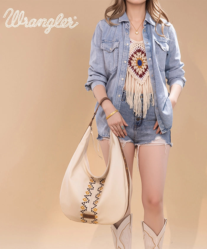Wrangler Aztec Embroidered Wide Hobo Bag for Women - Stylish Boho Shoulder Purse with Tribal Pattern - Perfect for Casual Outings, Music Festivals & Travel Accessories