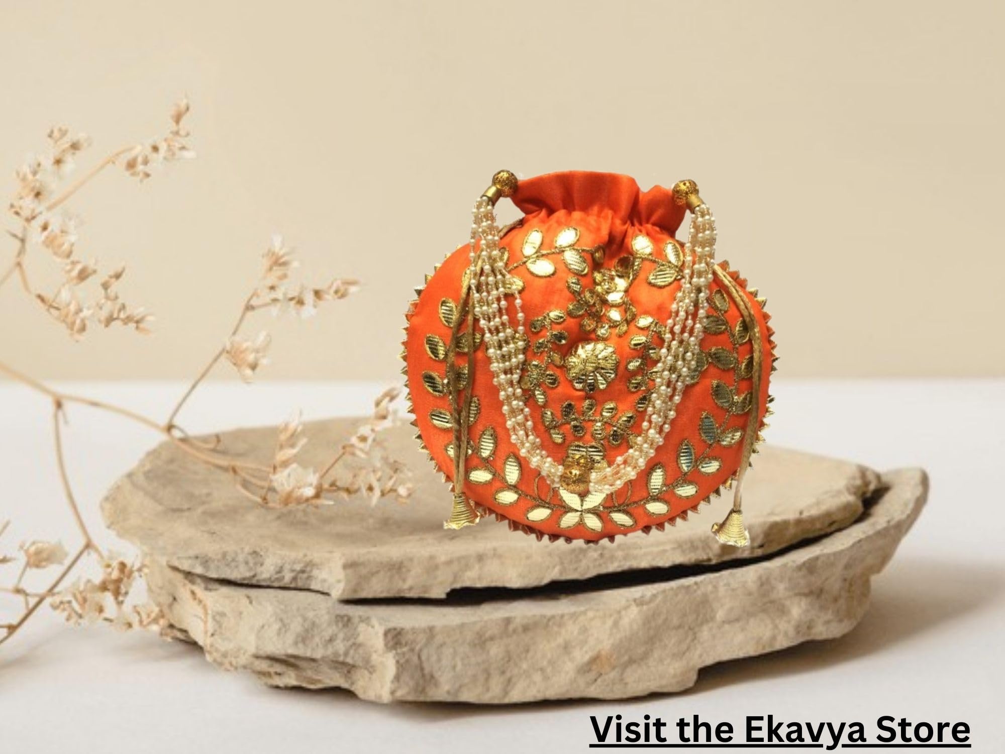 Elegant Orange Potli Bag for Women - 23x24 Inch Jewelry Coin Pouch with Pearl Handle, Perfect for Weddings, Parties & Gotta Patti Work | Batwa Clutch Purse for Bridal Accessories, Indian Festivals & Gift Giving