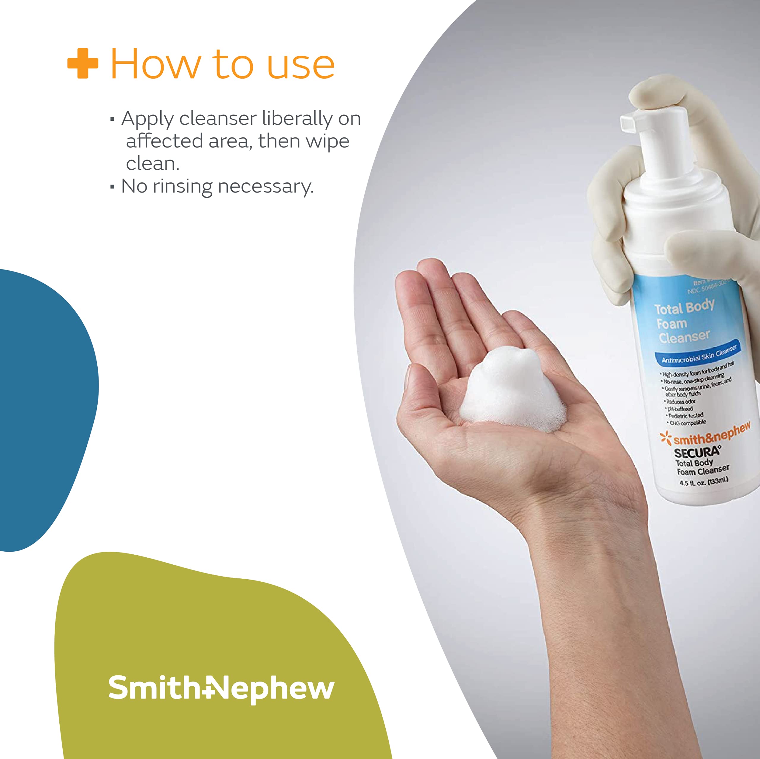 Smith & Nephew SECURA Total Body Foam Cleanser - Waterless Foaming Body Wash for Sensitive Skin, 4.5 oz | Gentle No-Rinse Cleansing for Bedridden Patients & Post-Surgery Care
