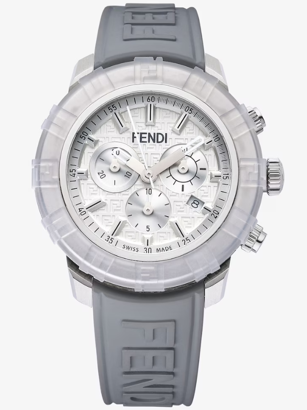 Fendi Fendastic Chronograph Watch with Transparent Bezel & Gray Leather Strap - Model FOW970AHPB F0VM0 | Luxury Unisex Timepiece for Business, Parties & Special Occasions