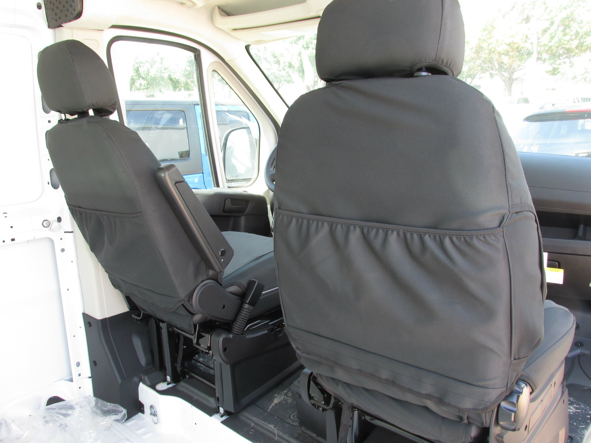 Durafit Seat Covers for 2013-2024 Promaster Van - Exact Fit Front Bucket Seat Covers in Black/Gray (Driver Side Armrest) | Premium Protection for Work Vans & Campers