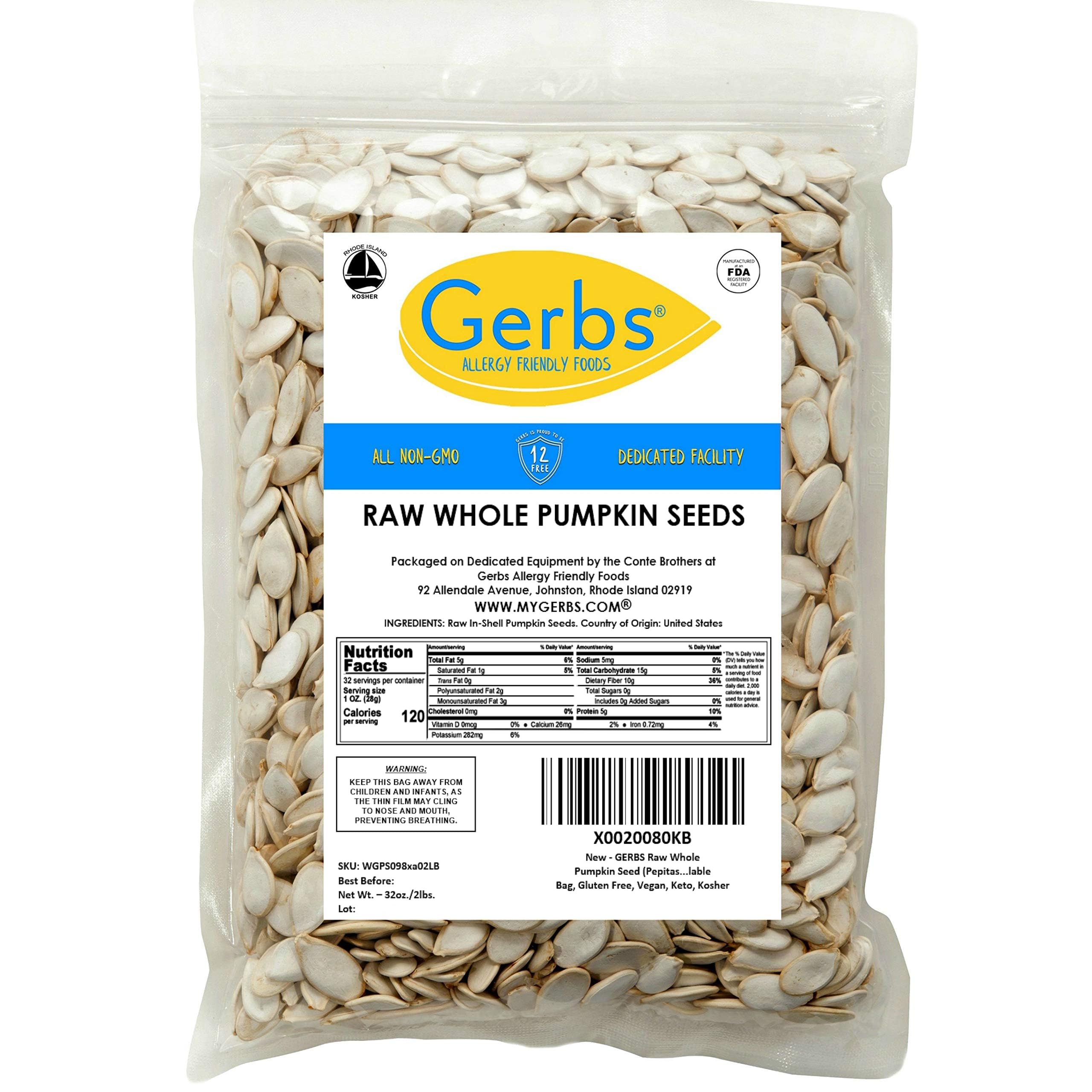 **GERBS Raw Whole Pumpkin Seeds 2 LBS – Top 14 Allergy-Free, Non-GMO, Protein-Packed Superfood Snack – 10.5mm Size, Grown & Packaged in USA – Perfect for Salads, Smoothies, Baking & Healthy Snacking**
