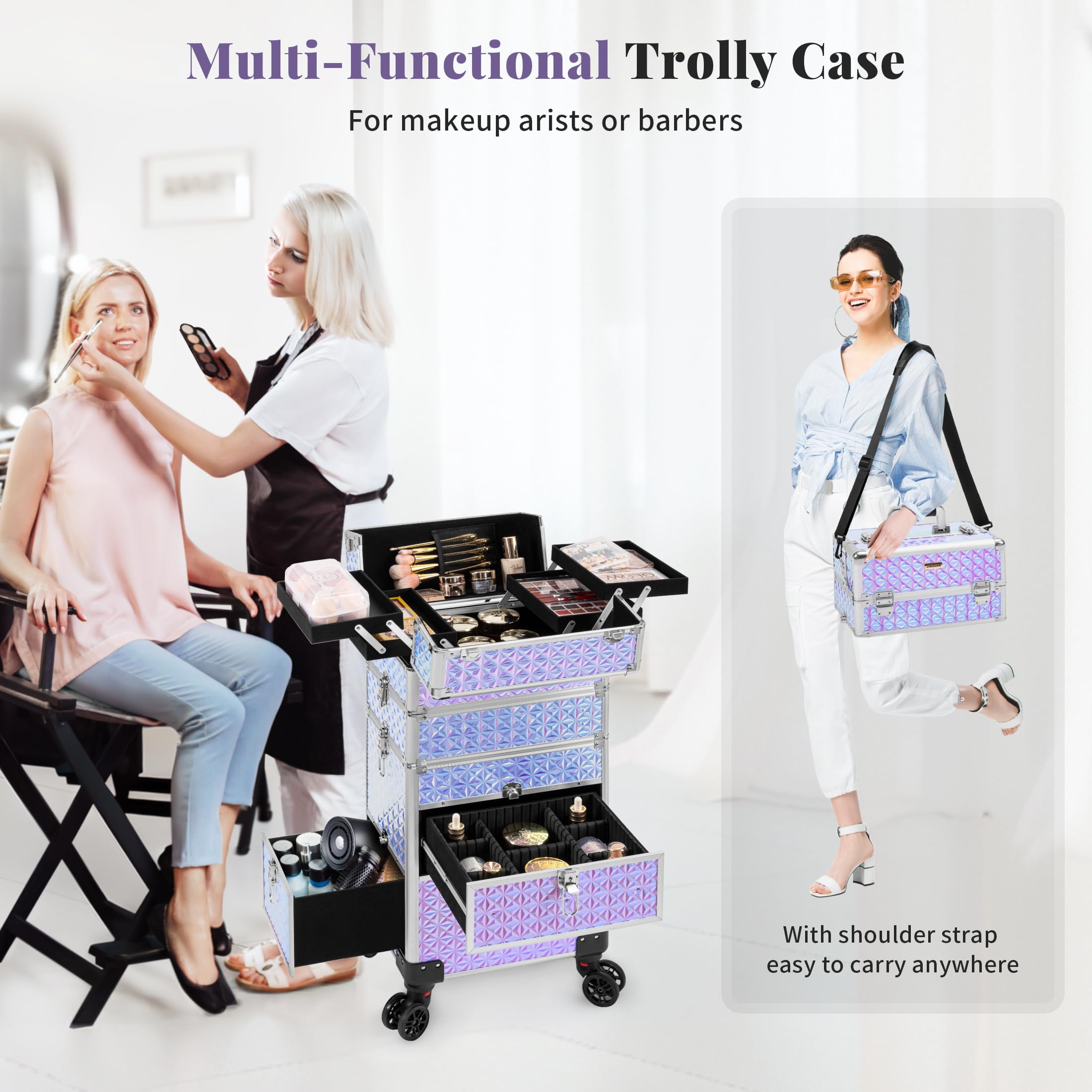 4 in 1 Rolling Makeup Case with Drawers - Multi-functional Cosmetic Trolley with Wheels & Lock - Large Storage Travel Cart for Nail Technicians, Makeup Artists & Hairstylists (Silver) - Perfect for Salon, Travel & Professional Makeup Organization