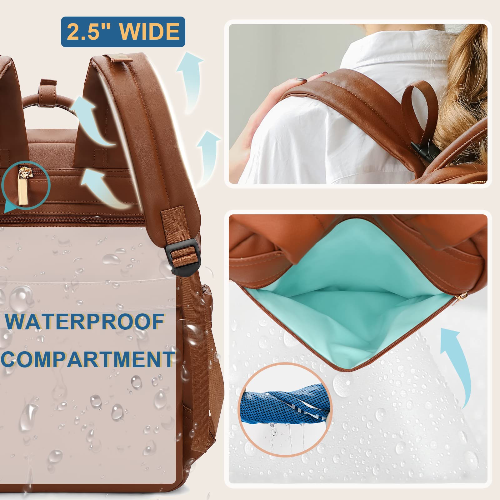 Premium Leather Diaper Backpack for Moms & Dads - 18 Pockets, 4 Insulated Compartments, Changing Station & Stroller Straps (Brown-Grey) - Perfect Baby Travel Bag for Boys & Girls, Ideal for Daycare, Family Outings & Airplane Travel