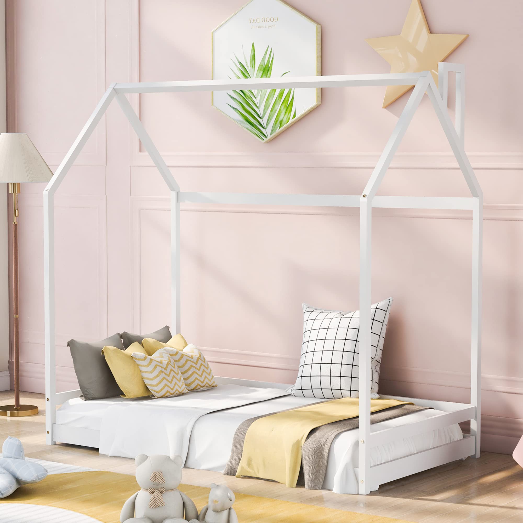 P PURLOVE Twin Size Wooden House Bed Frame - No Box Spring Needed, White - Perfect for Teen Rooms, Dorms & Small Bedrooms - Kids Playhouse Style Floor Bed for Cozy Sleeping Space