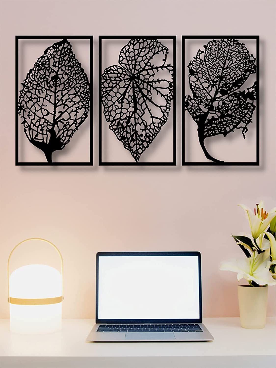 3-Pack Black Metal Leaf Wall Art Decor - Rustproof Dry Leaves Wall Hangings for Bathroom, Bedroom, Kitchen & Living Room - Modern Home Decor Set (7 Sizes) - Perfect for Farmhouse, Boho & Minimalist Interior Design