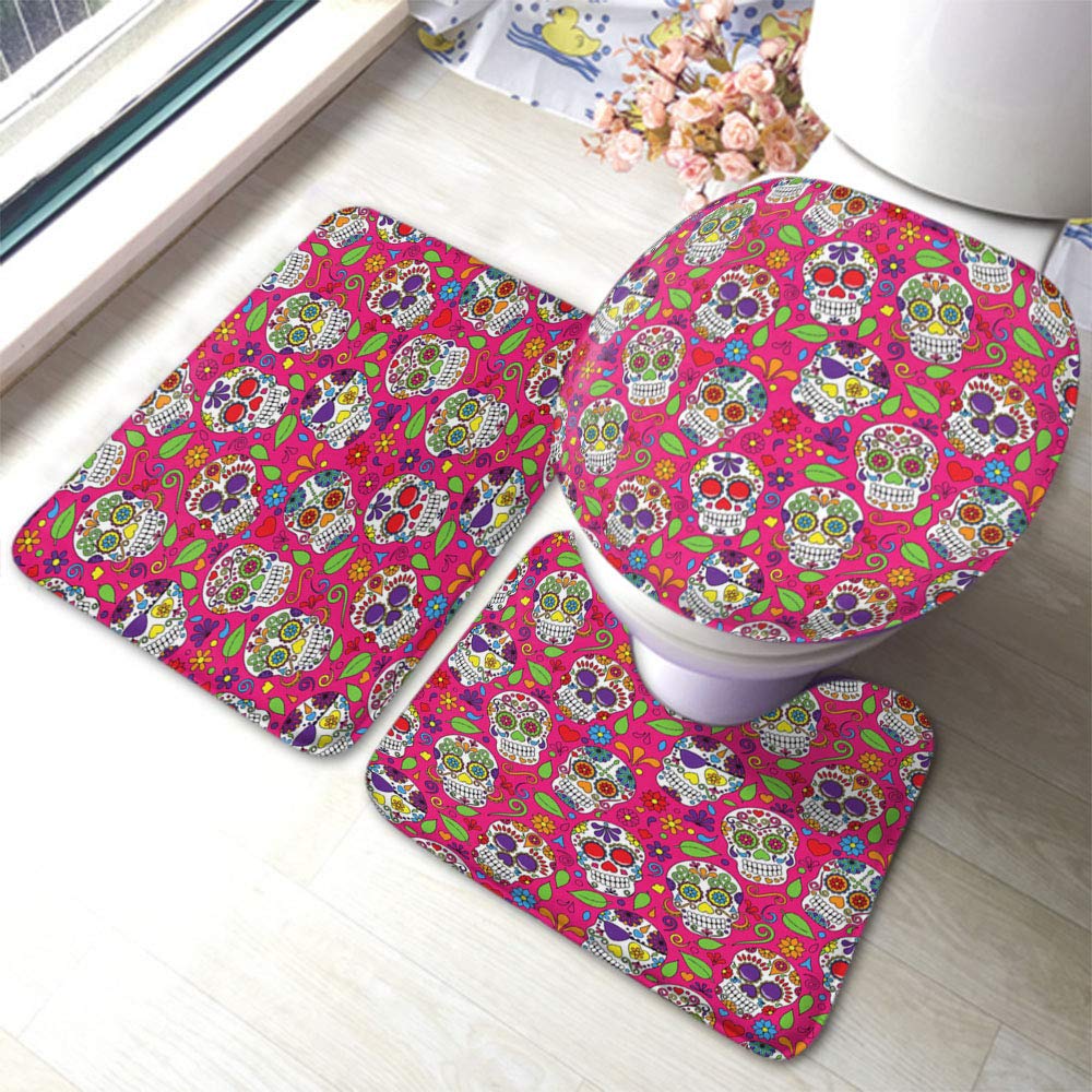 3-Piece Sugar Skull Bathroom Rug Set - Day of The Dead Cartoon Style Non-Slip Bath Mats with U-Shaped Contour Rug & Toilet Cover - Perfect for Kids' Bathrooms, Halloween Decor, and Mexican-Themed Home Decor