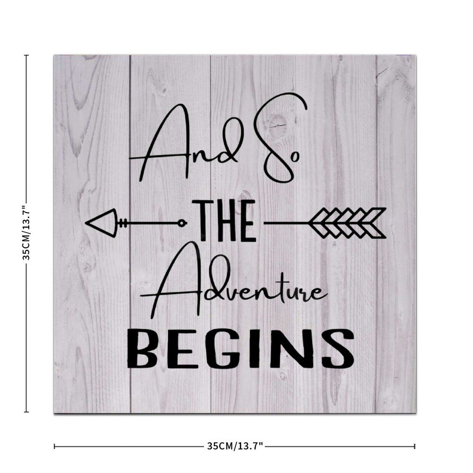 Rustic Wood Sign 'And So The Adventure Begins' - Ready to Hang Wooden Plaque, Front Door Hanger, Wall Art for Bedroom, Living Room & Kitchen - Perfect Housewarming Gift (14x14 Inch) - Ideal for Farmhouse Decor, Wedding Entryway & Cozy Home Accents