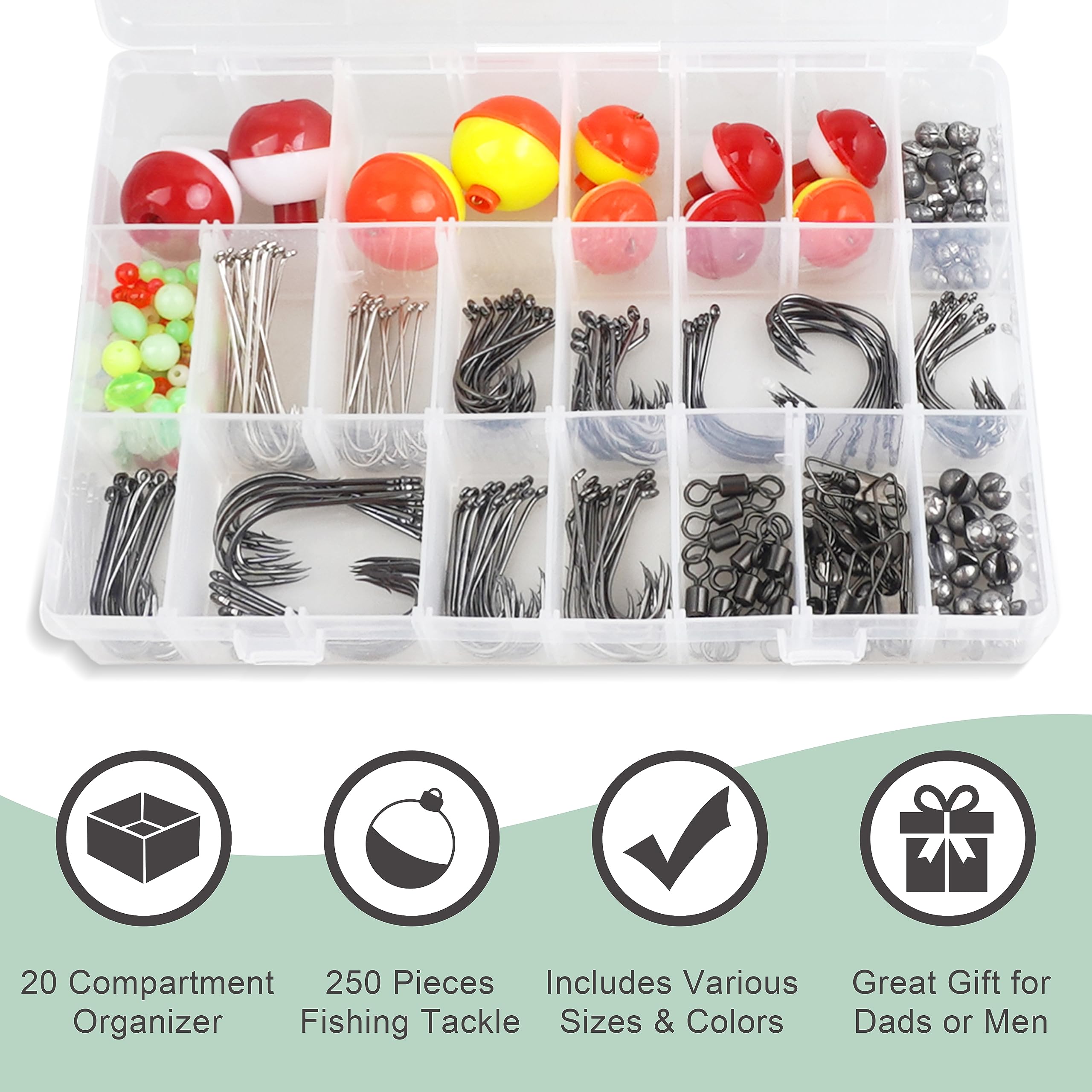 250pcs Fishing Tackle Kit with Octopus Circle Hooks, Baitholder Hooks & Bobbers - Complete Starter Set for Panfish, Catfish & Freshwater Fishing - Perfect for Beginners and Outdoor Enthusiasts