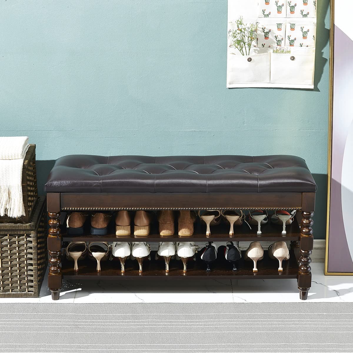 Solid Wood Shoe Storage Bench with Cushion - 39.4