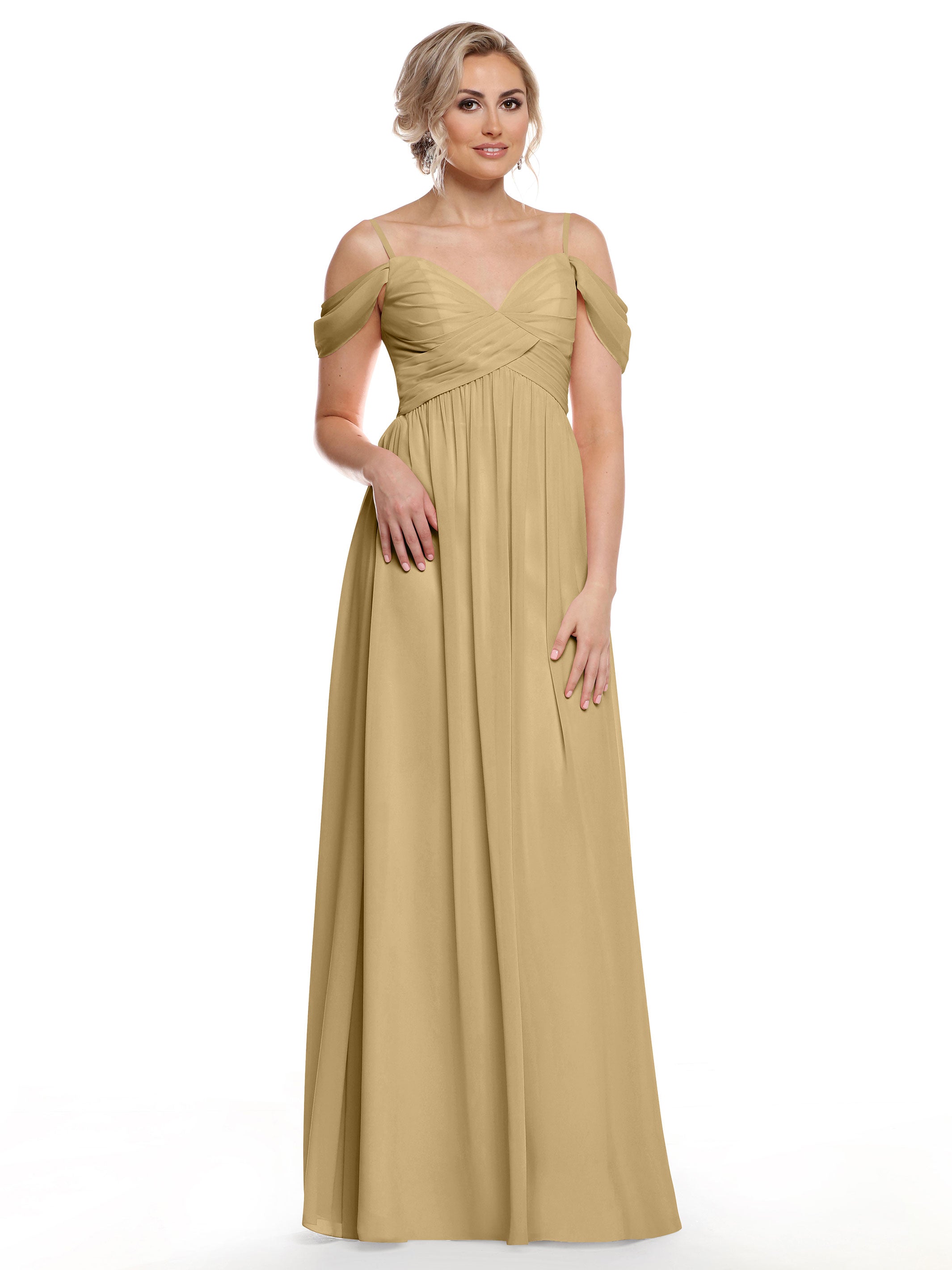 Elegant Off-the-Shoulder Chiffon Bridesmaid Dress with Spaghetti Straps - Perfect for Weddings, Formal Events & Special Occasions