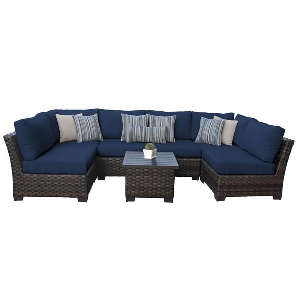 TK Classics Kathy Ireland River Brook 7-Piece Outdoor Wicker Patio Furniture Set in Navy - Perfect for Backyard, Poolside & Garden Relaxation