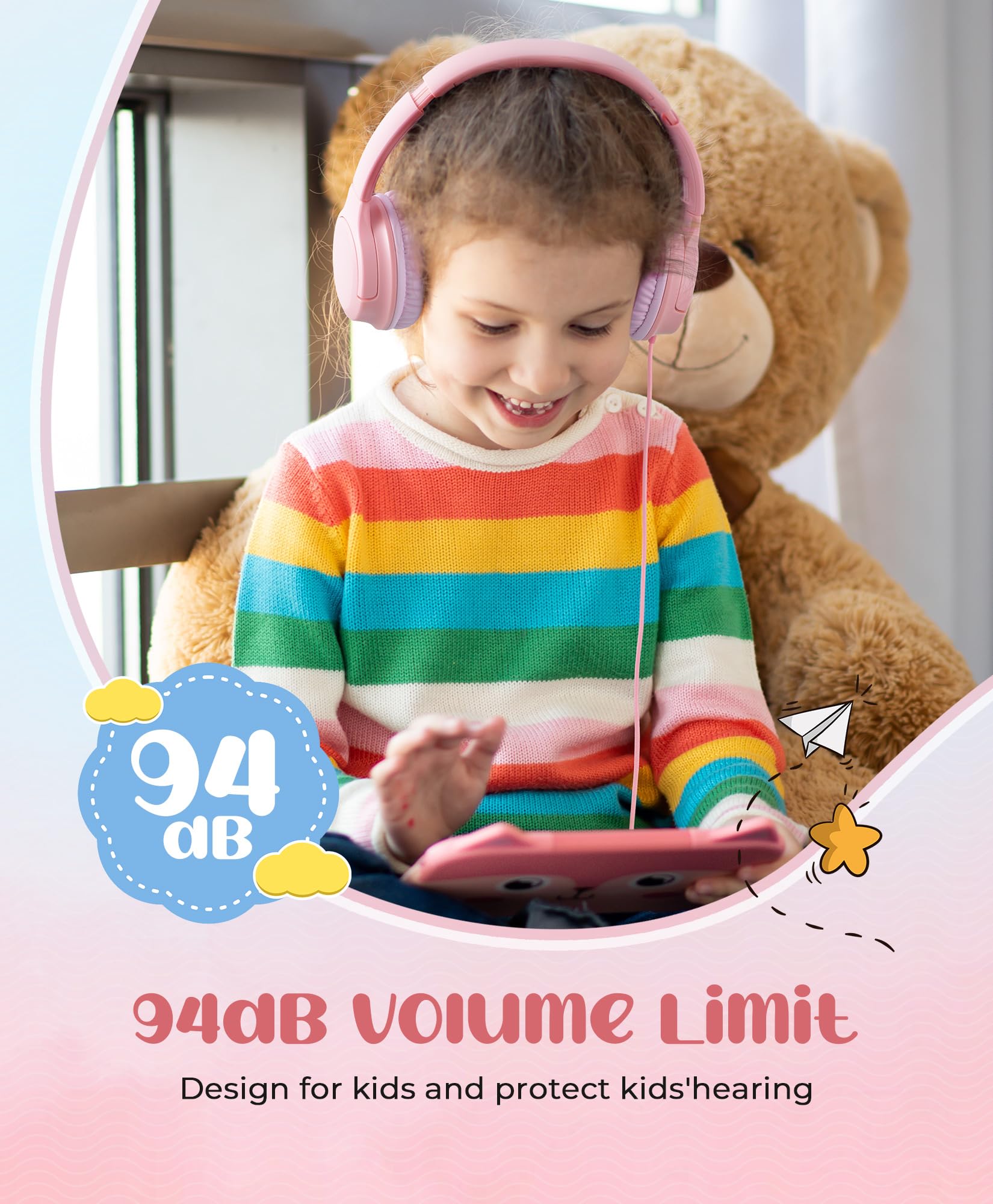 DyBaxa Kids Headphones with Volume Limiter (94dB) - Foldable Lightweight Over-Ear Wired Headset for School, Online Learning & Travel - Safe Hearing Protection for Children - 3.5mm Jack - Pink | Perfect for Classroom, Homeschooling, Airplane & Tablet Use