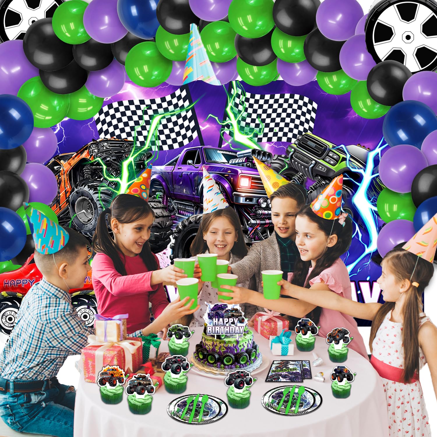 150Pcs Monster Truck Birthday Party Decorations Set - Includes Balloon Arch, Backdrop, Cake Toppers, Tableware & Tablecloth - Perfect for Kids Birthday, Themed Parties & Truck Lover Celebrations