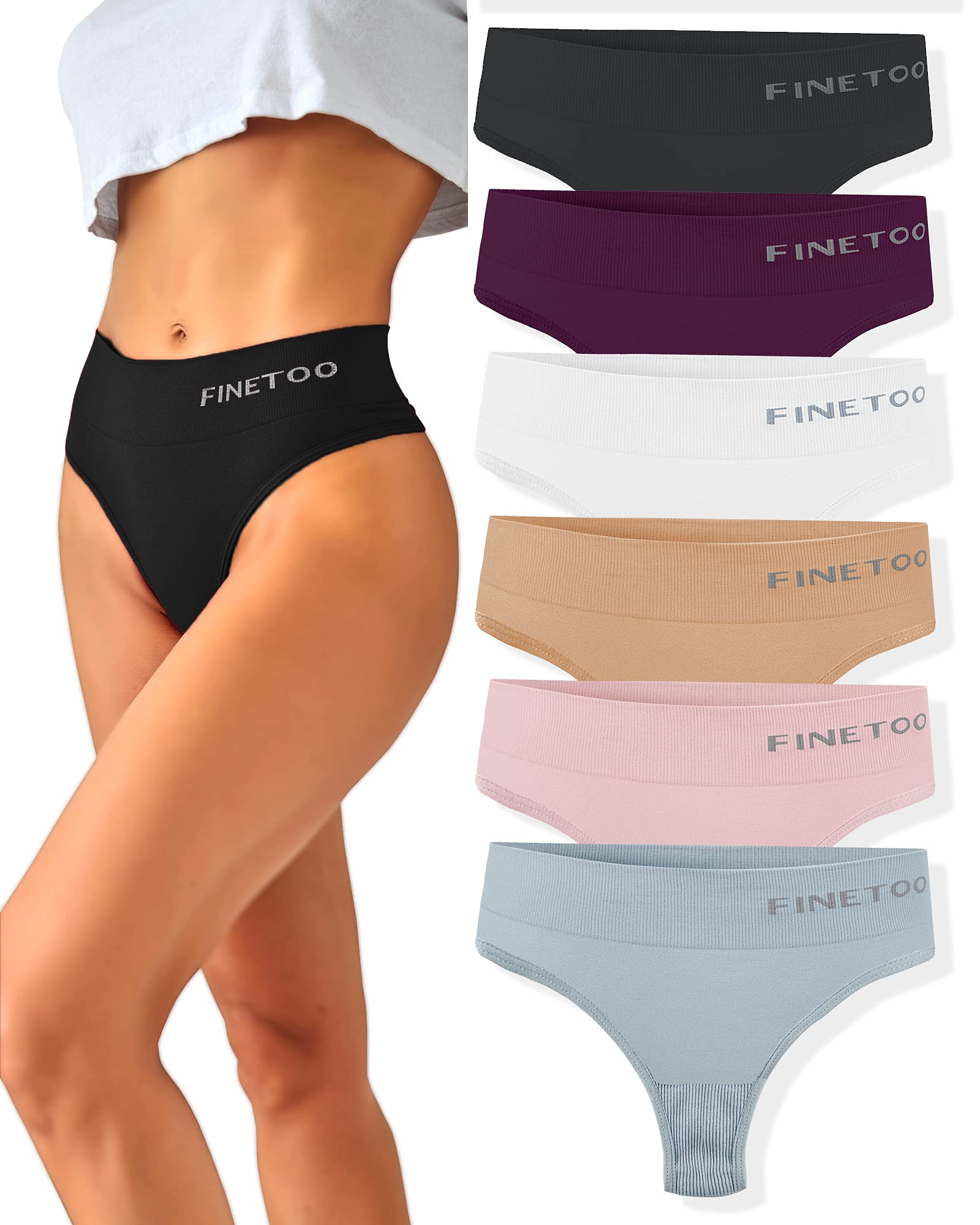 FINETOO 6 Pack High Waisted Thongs for Women - Nylon Spandex Panties, Breathable Soft Stretchy Underwear, High Rise S-XL - Perfect for Everyday Wear, Workout & Yoga