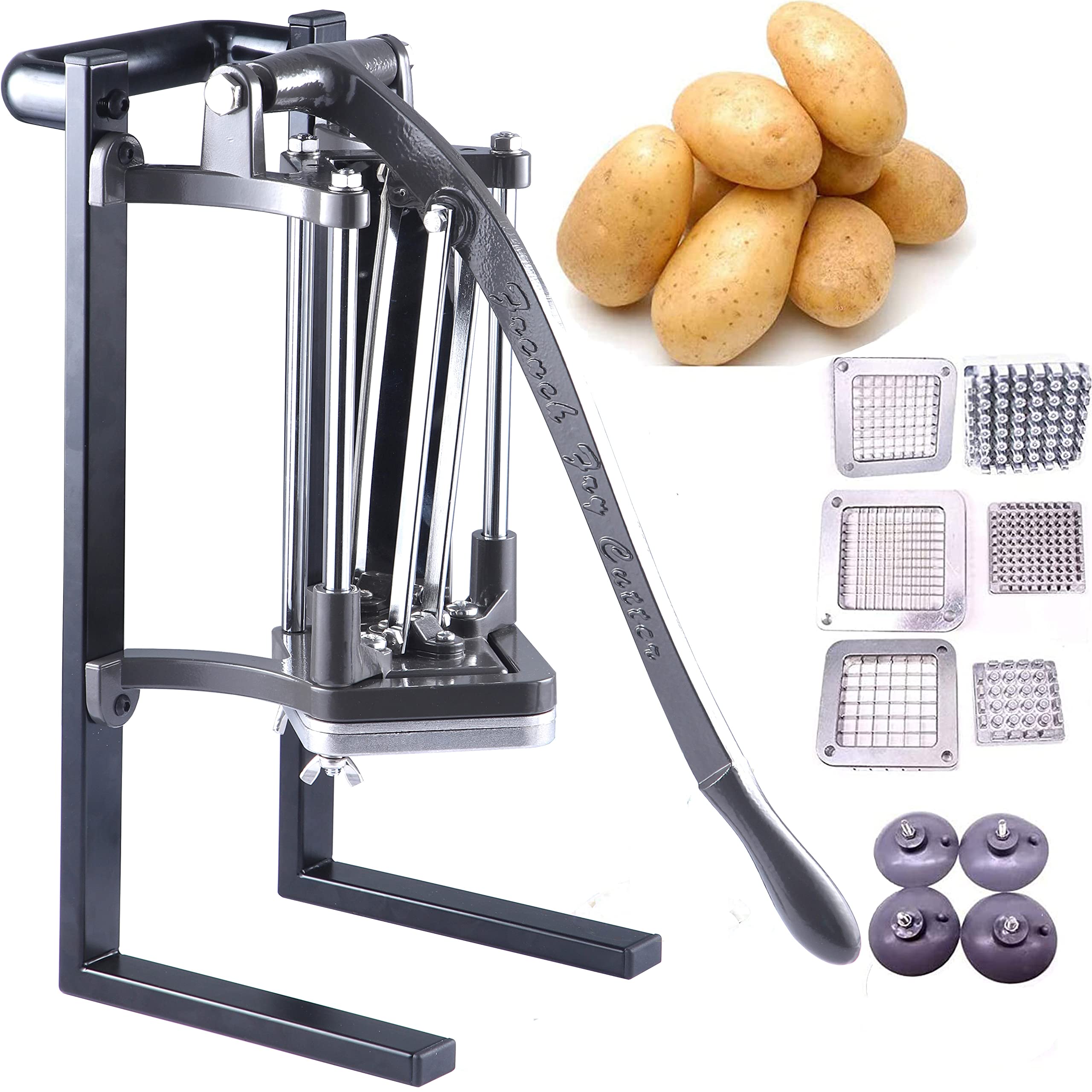 Commercial Grade French Fry Cutter with Stand & Suction Feet - 3 Blade Sizes (1/4