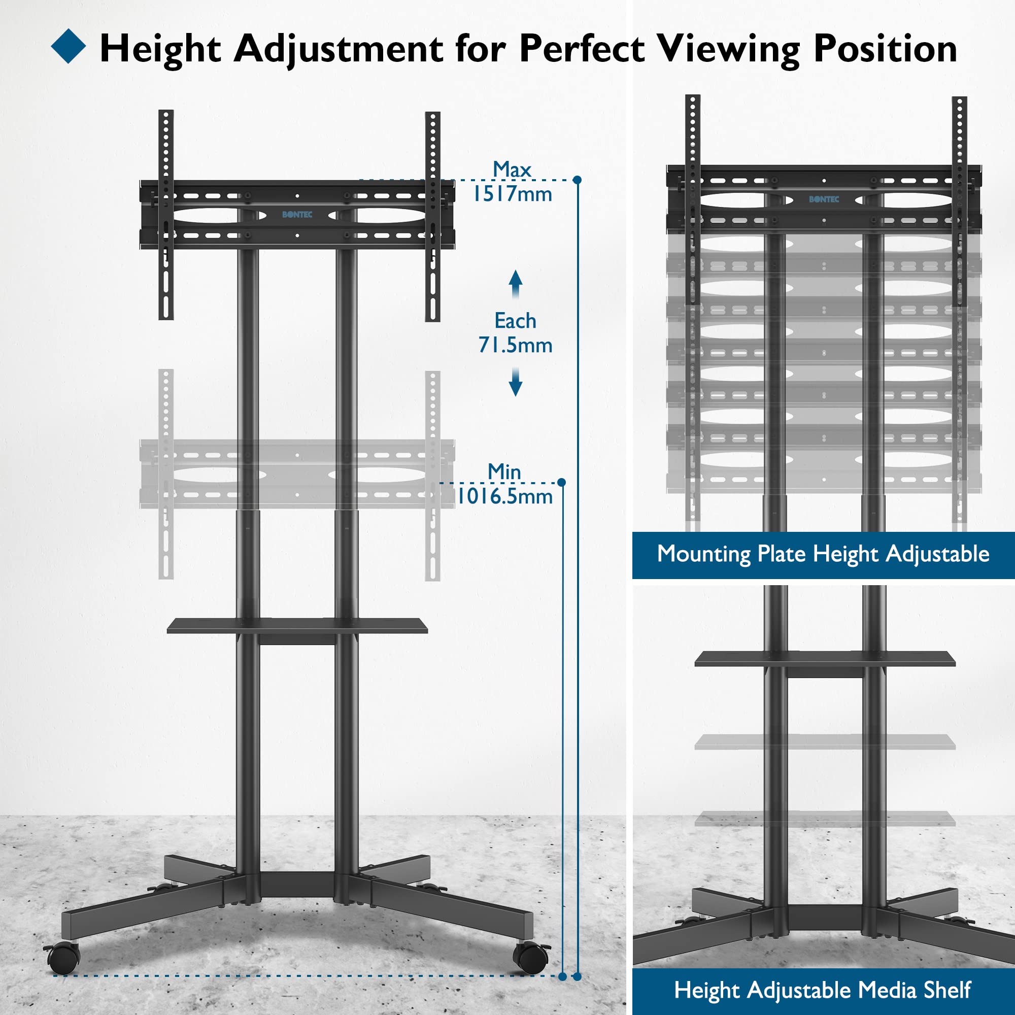 BONTEC Height Adjustable Mobile TV Stand with Wheels for 32-85 Inch TVs, Rolling TV Cart with Storage Shelf - Supports 60kg & VESA 600x400mm - Perfect for Living Rooms, Bedrooms & Home Theaters
