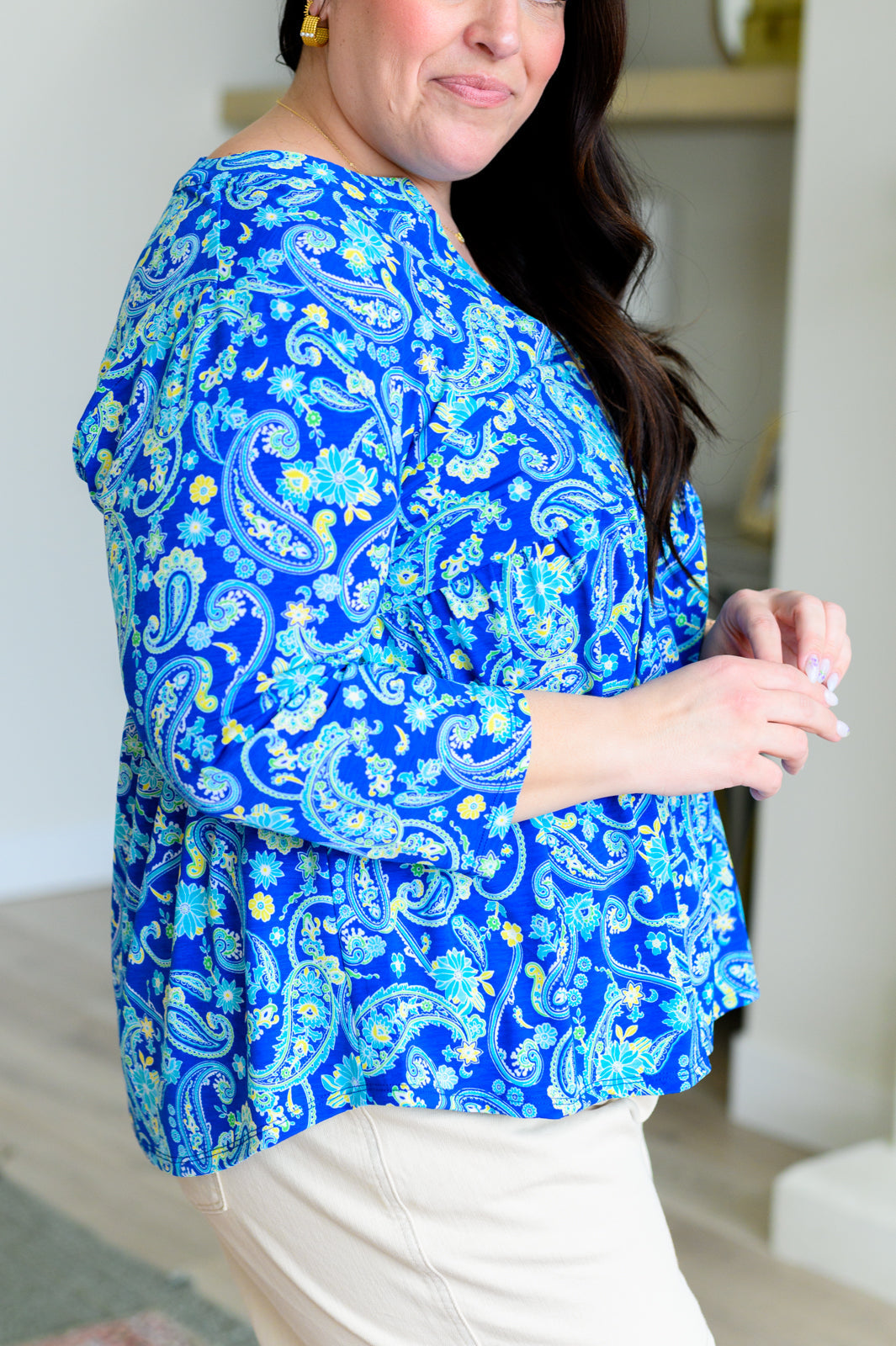 Lizzy Babydoll Top - Royal & Mint Paisley Print Women's Fashion Blouse for Casual Wear, Date Night & Summer Outfits