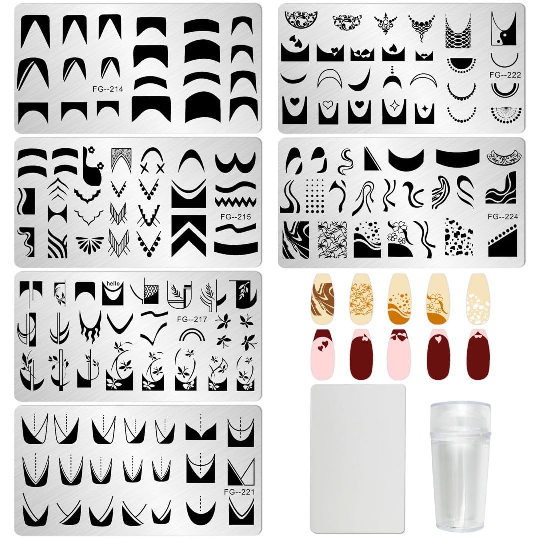 AddFavor 6pcs Nail Stamper Kit - French Nail Stamping Plates with Heart & Geometric Designs, Includes Silicone Stamp & Scraper - Professional Nail Art Tools for Women DIY Manicure at Home or Salon