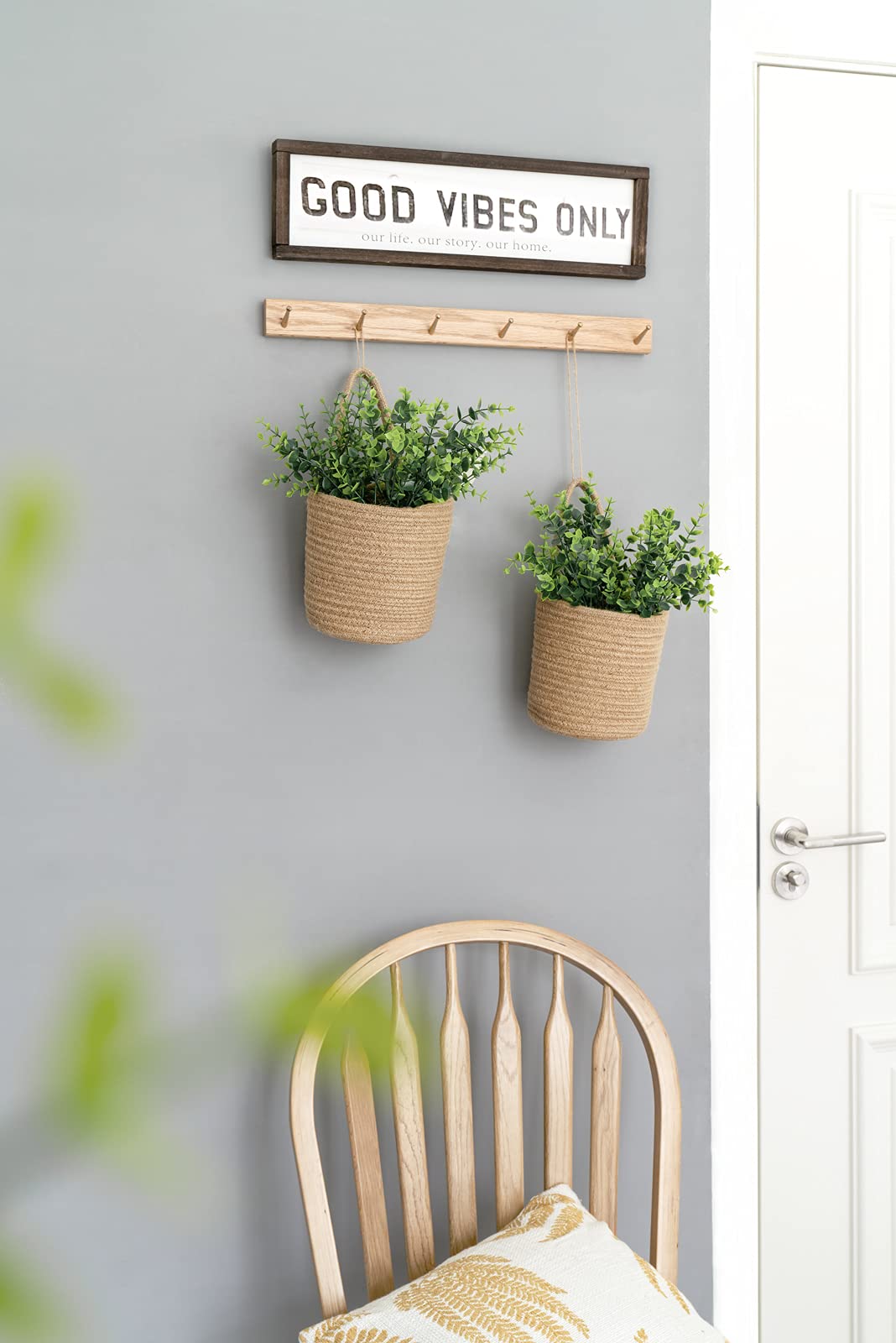 Dahey Macrame Wall Hanging Tapestry - Boho Chic Woven Wall Art with Eucalyptus Wreath & 2-Pack Rope Baskets - Farmhouse Home Decor for Living Room, Bedroom, and Office