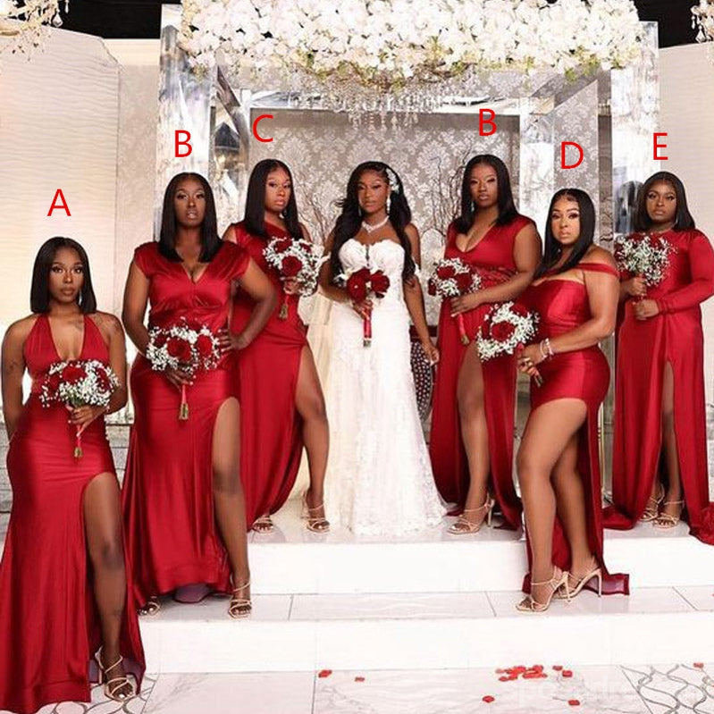 Elegant Mismatched Red Mermaid Maxi Dress with Side Slit - Formal Wedding Guest & Bridesmaid Gown WG1737 | Perfect for Evening Galas, Cocktail Parties & Special Occasions