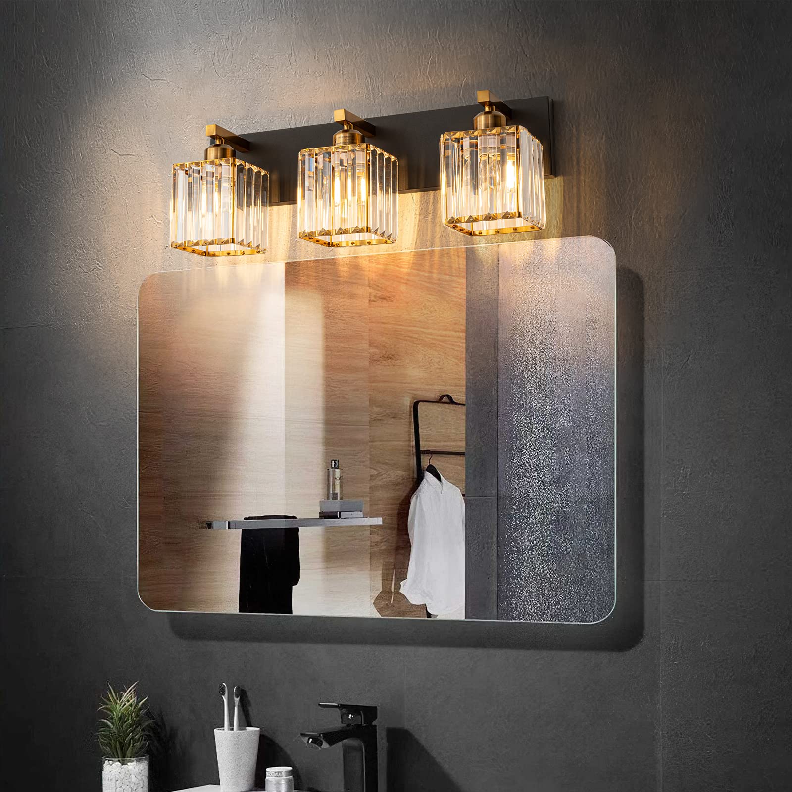 Modern Black Gold Crystal Bathroom Vanity Light - 3-Lights Wall Sconce Fixture for Elegant Powder Room & Master Bathroom Lighting