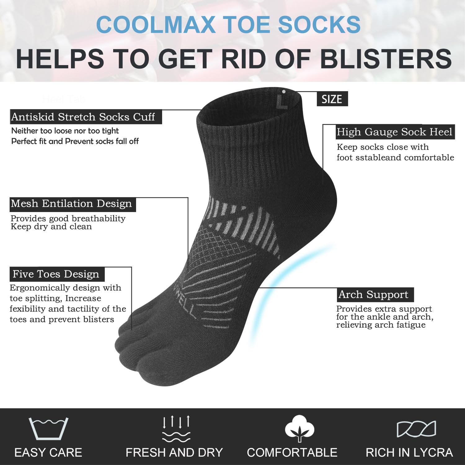 VWELL COOLMAX Athletic Toe Socks for Men & Women - 3 Pairs of Breathable Five Finger Running Socks for Sports, Yoga & Outdoor Activities