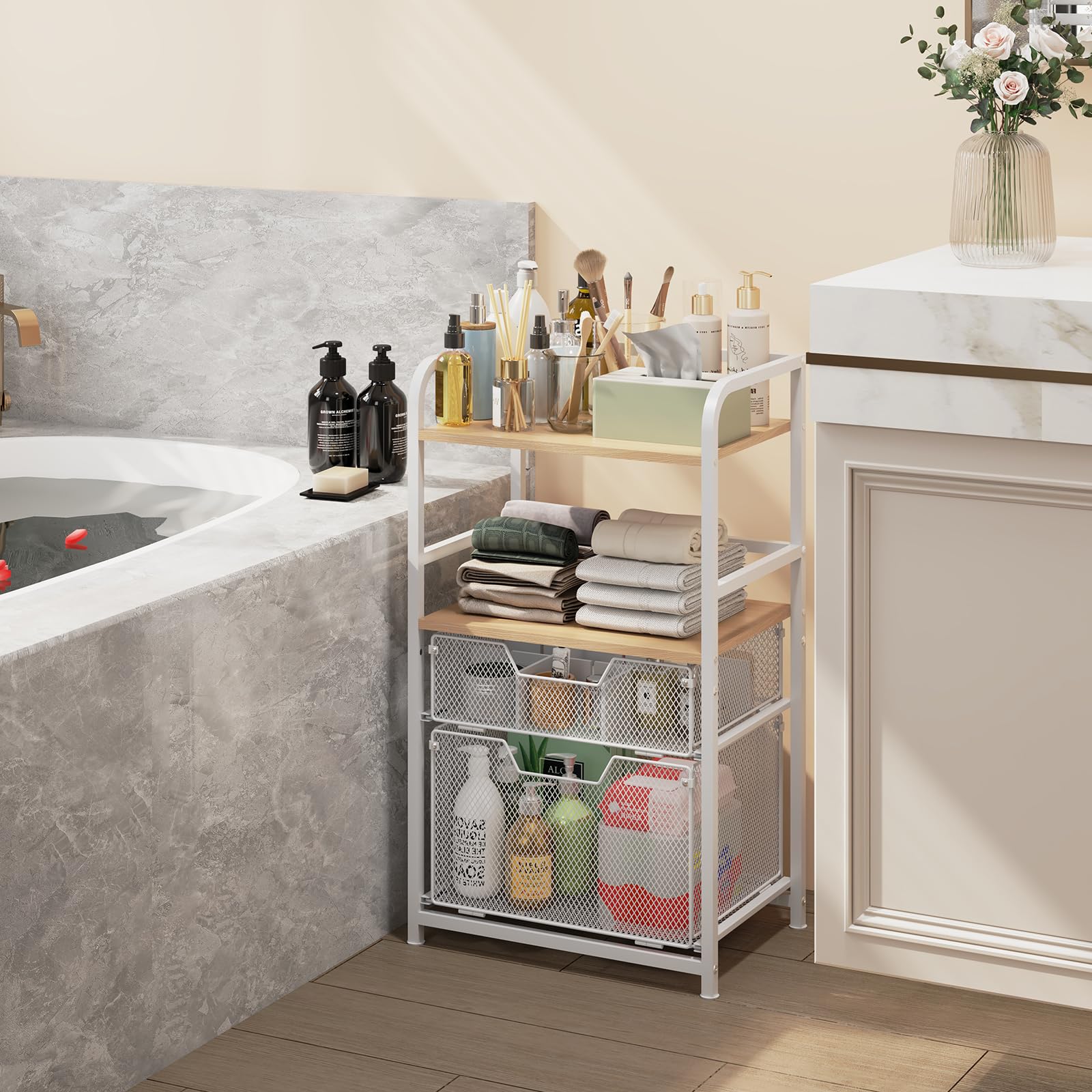 White Freestanding Bathroom Floor Storage Shelf with Drawer - Towel Rack & Makeup Organizer for Skincare, Bedroom, Living Room & Laundry - Perfect for Small Space Organization & Bathroom Decor