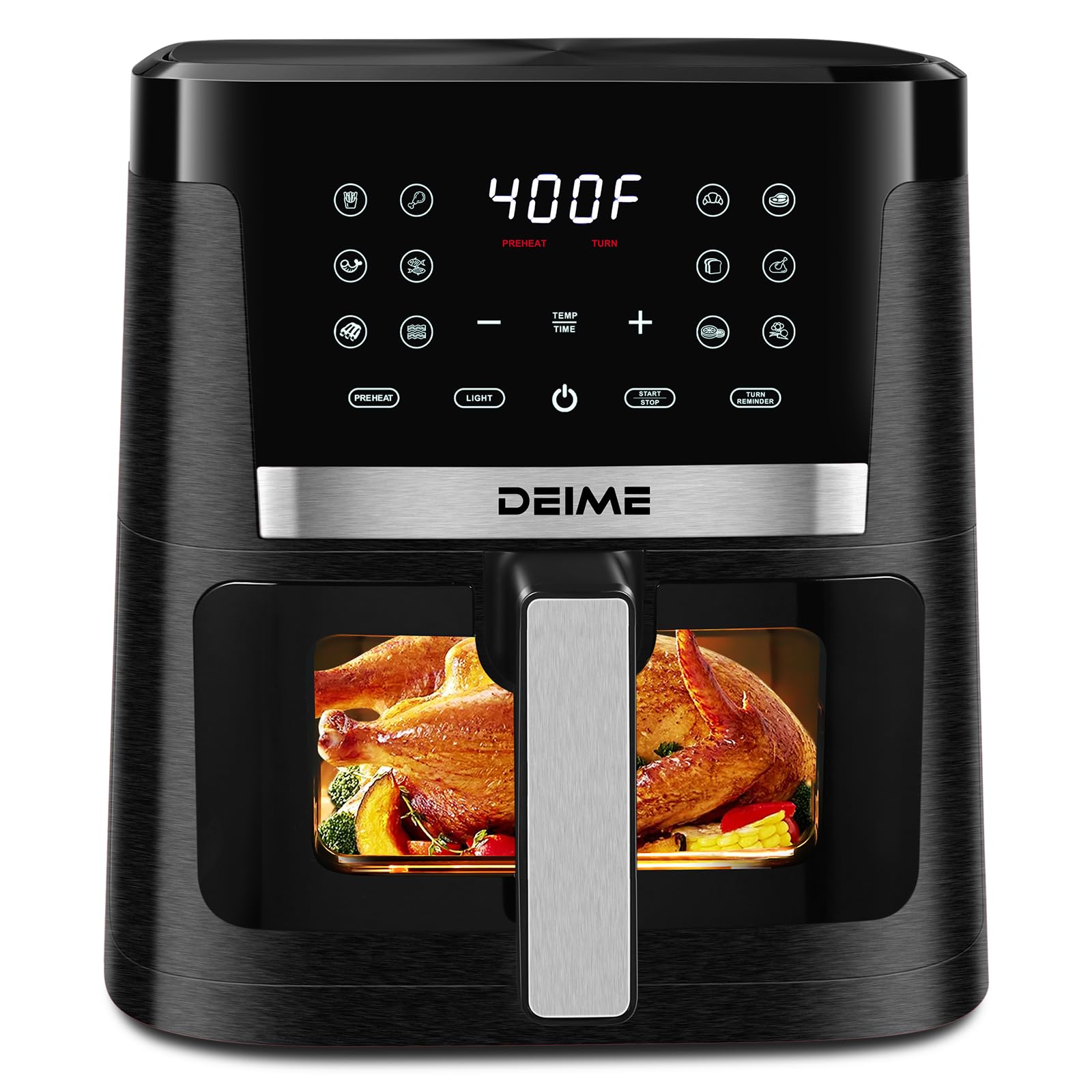 DEIME 7.5 QT 1700W Large Air Fryer - Oil Free Healthy Cooker with 12 Presets, LCD Touch Screen, Visible Window & Non-Stick Basket - Perfect for Family Meals, Quick Snacks & Healthy Cooking (Black)