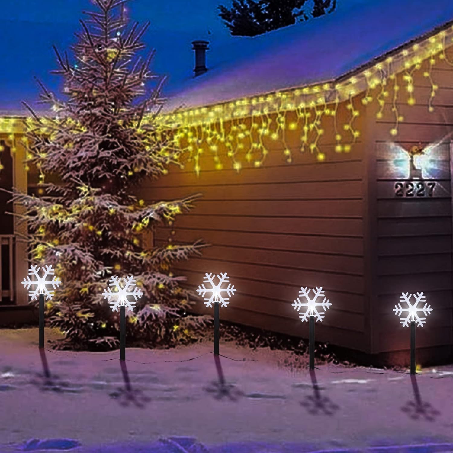 5 Pack BRIGHTDECK Solar Snowflake Pathway Lights - Waterproof LED Outdoor Christmas Decor for Garden, Yard & Walkway | Cold White Winter Holiday Lighting for Driveway, Patio & Landscape Decorations