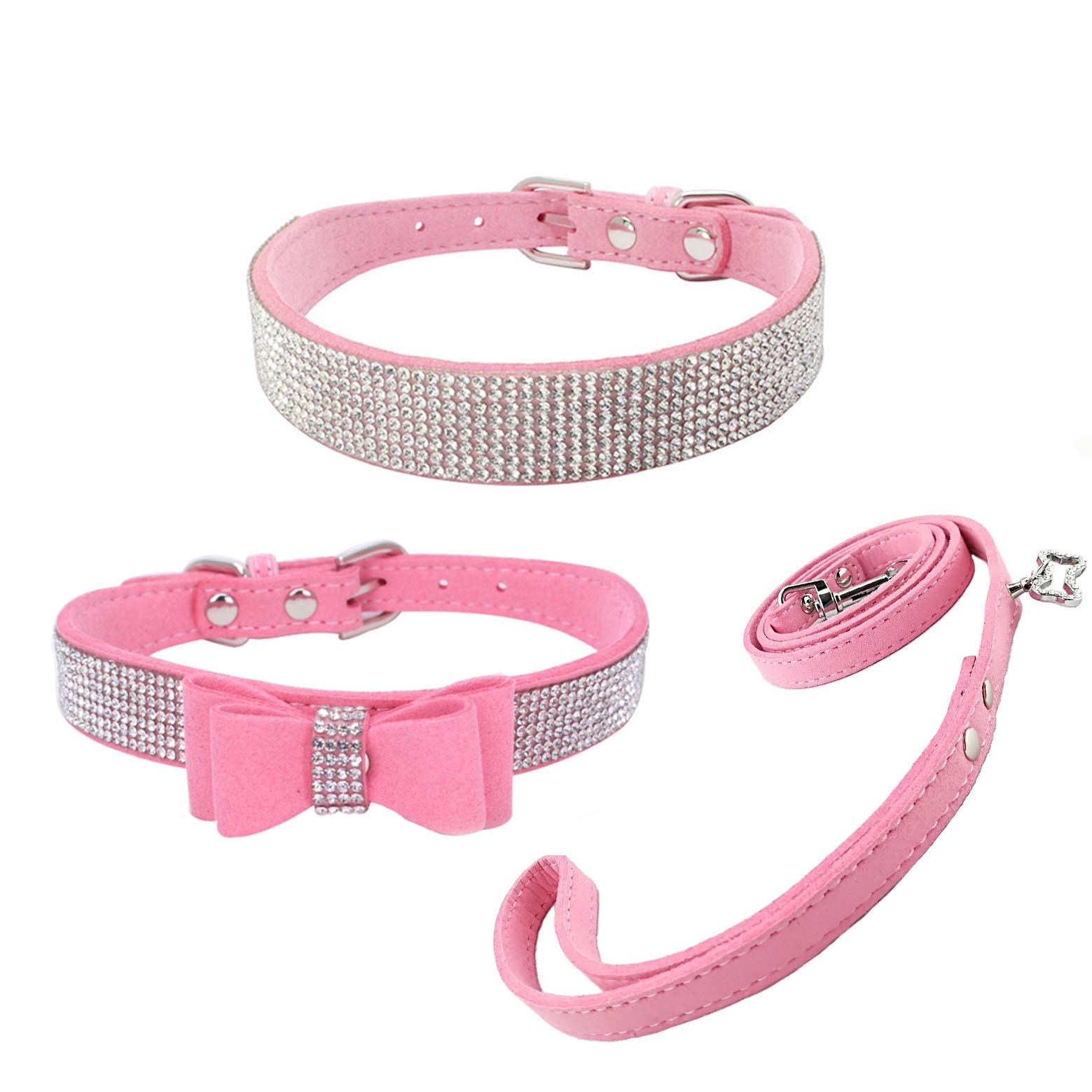 3pcs Fashion Dog Collar and Leash Set - Suede Bling Collar with Bow Tie, Adjustable Puppy Leash for Small Dogs & Cats - Perfect for Daily Walks, Pet Parties & Photo Shoots
