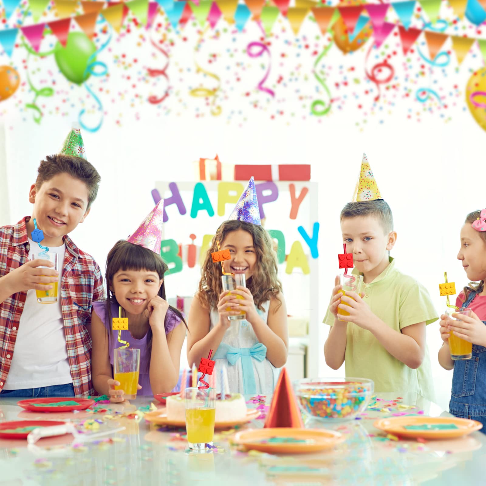 25-Piece Building Block Party Favors - Fun Brick Block Drinking Straws for Kids Birthday Parties, Includes 2 Straw Cleaning Brushes | Perfect for LEGO-Themed Celebrations, DIY Drinks & Creative Play