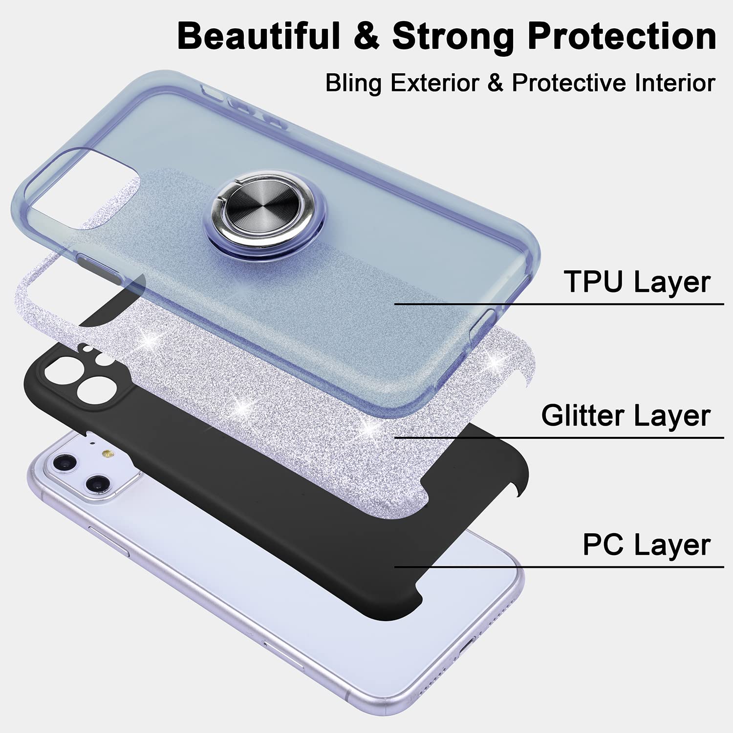 Wisdompro Sparkly Glitter Bling Phone Case with Ring Stand for iPhone 11 (6.1 inch) - Cute Protective Cover for Women & Girls | Perfect for Daily Use, Work, and Travel - Black