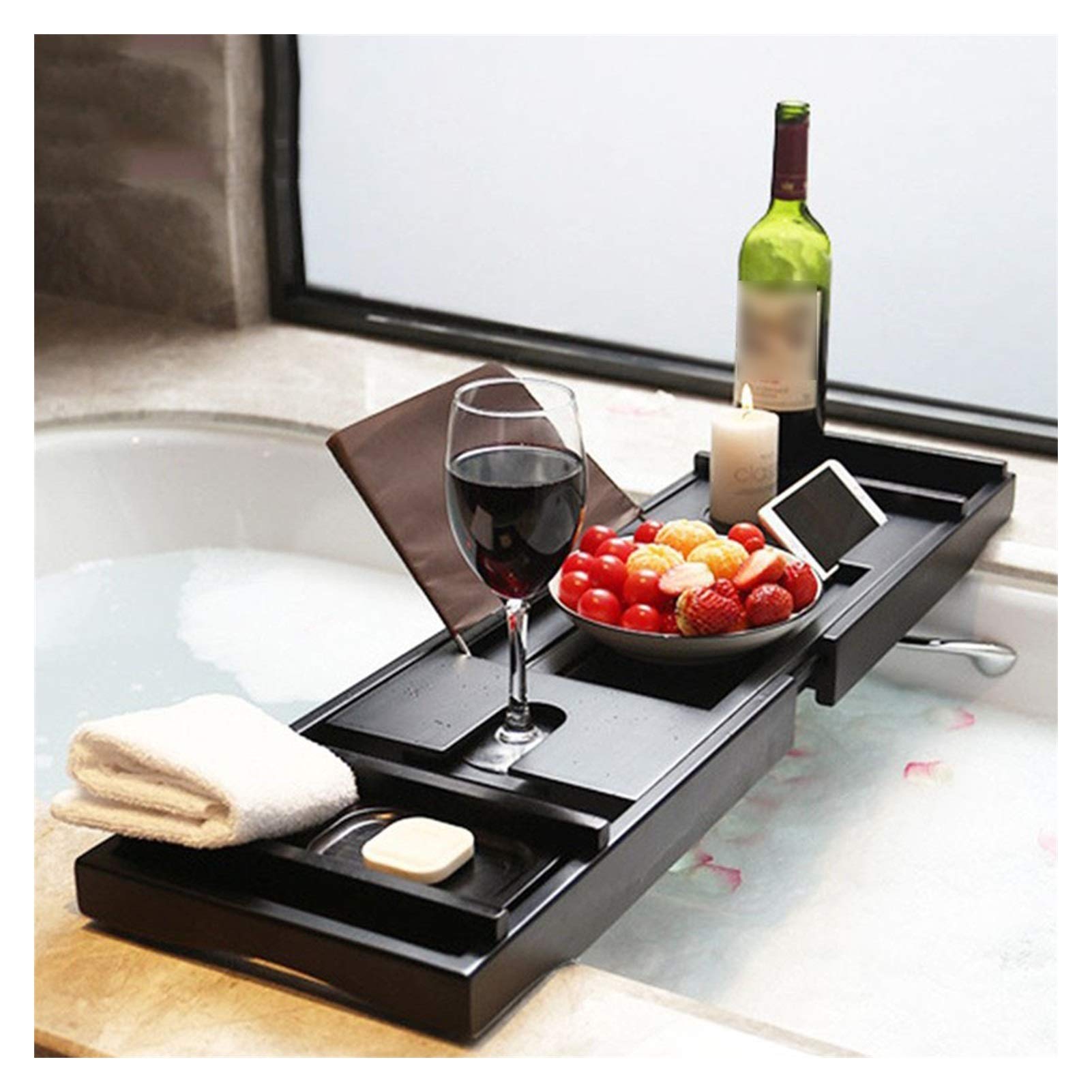 XXIOJUN Bamboo Bathtub Tray with Wine Glass & Tablet Holder - Adjustable Bath Caddy Organizer for Smartphone, Books & Spa Accessories - Perfect Relaxation Gift for Bath Time, Reading & Wine Enjoyment