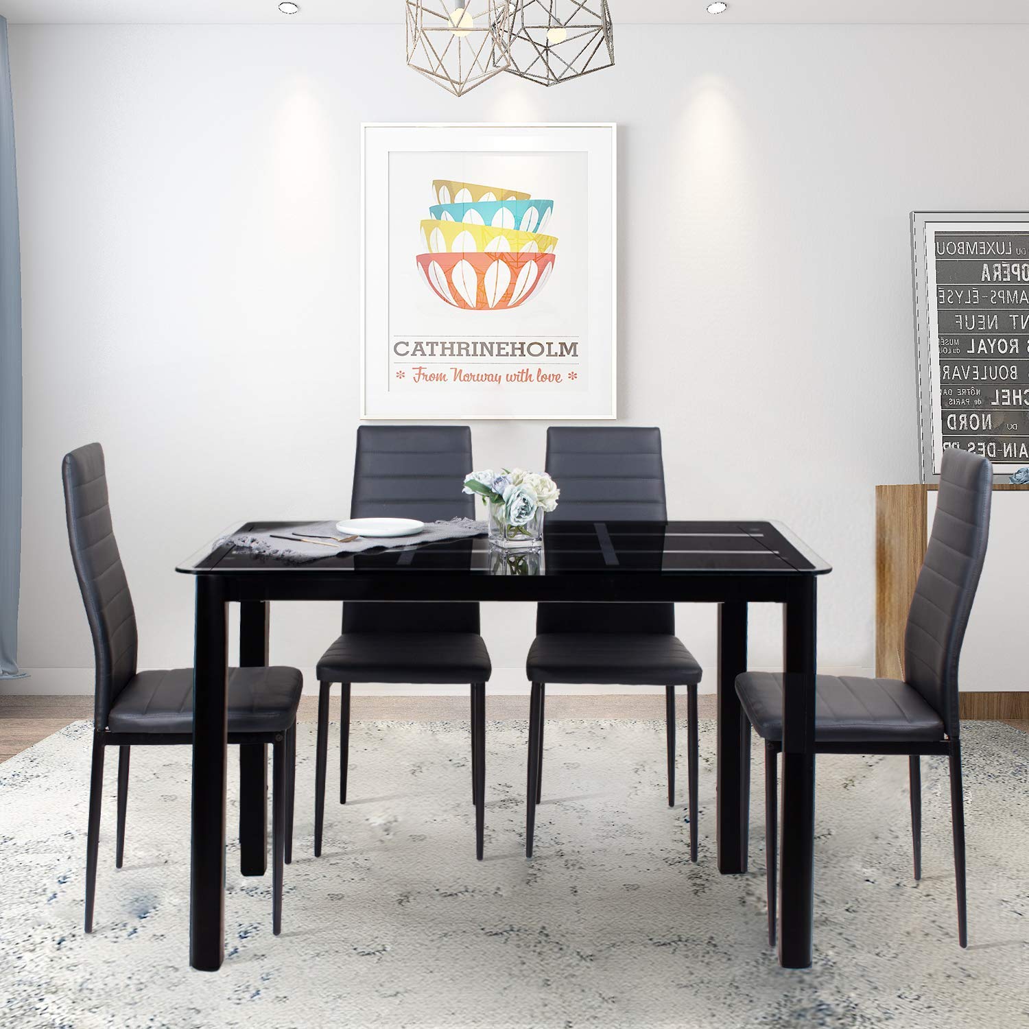 Modern 5-Piece Dining Table Set for 4 with Tempered Glass Top & PU Leather Chairs - Black Kitchen & Breakfast Room Furniture for Small Spaces | Perfect for Apartments, Condos, and Cozy Dining Areas