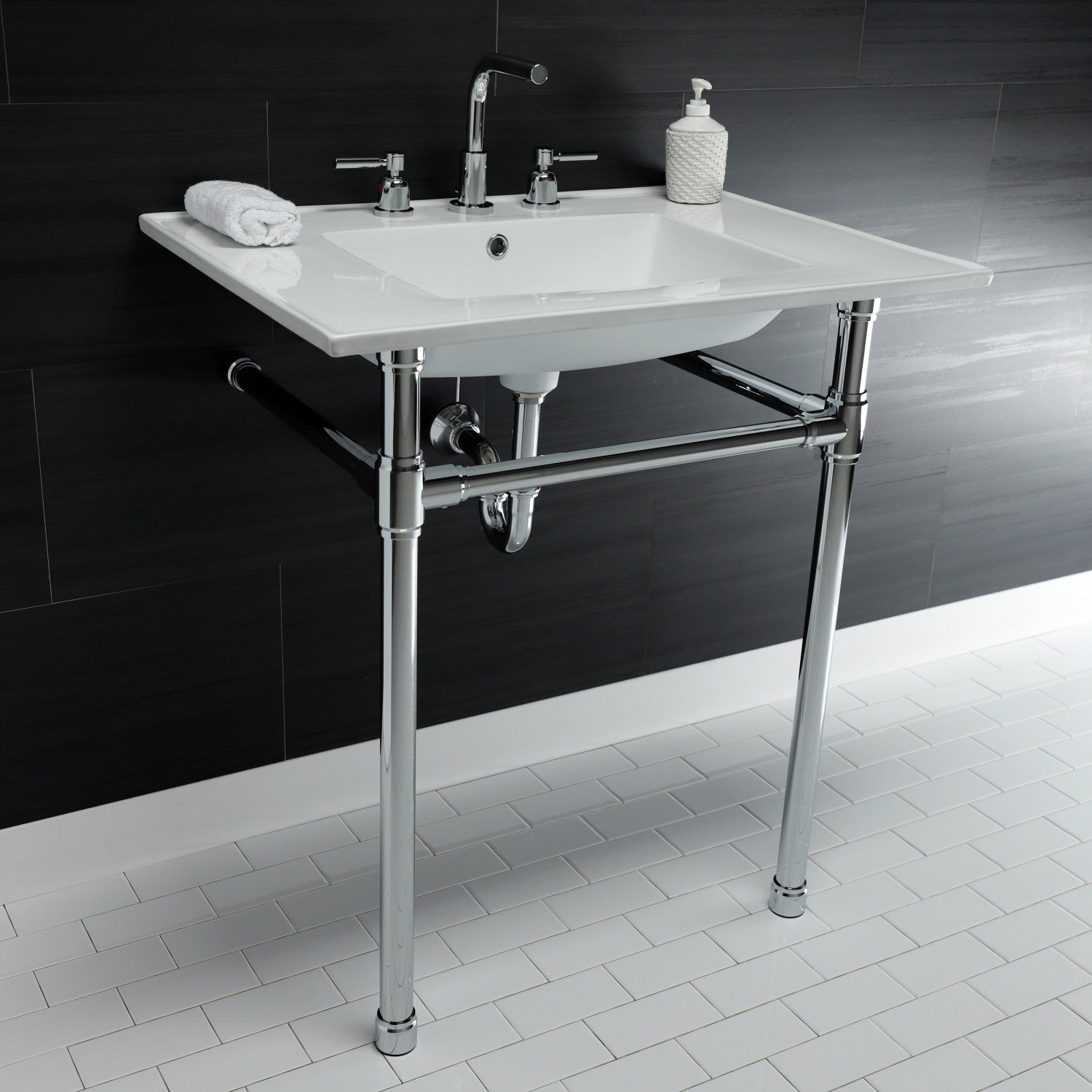 Dreyfuss 31 Inch White Ceramic Farmhouse Bathroom Sink with Stainless Steel Legs - 8 Inch, 3 Hole Faucet Mount - Perfect for Modern Farmhouse, Rustic & Vintage Style Bathrooms