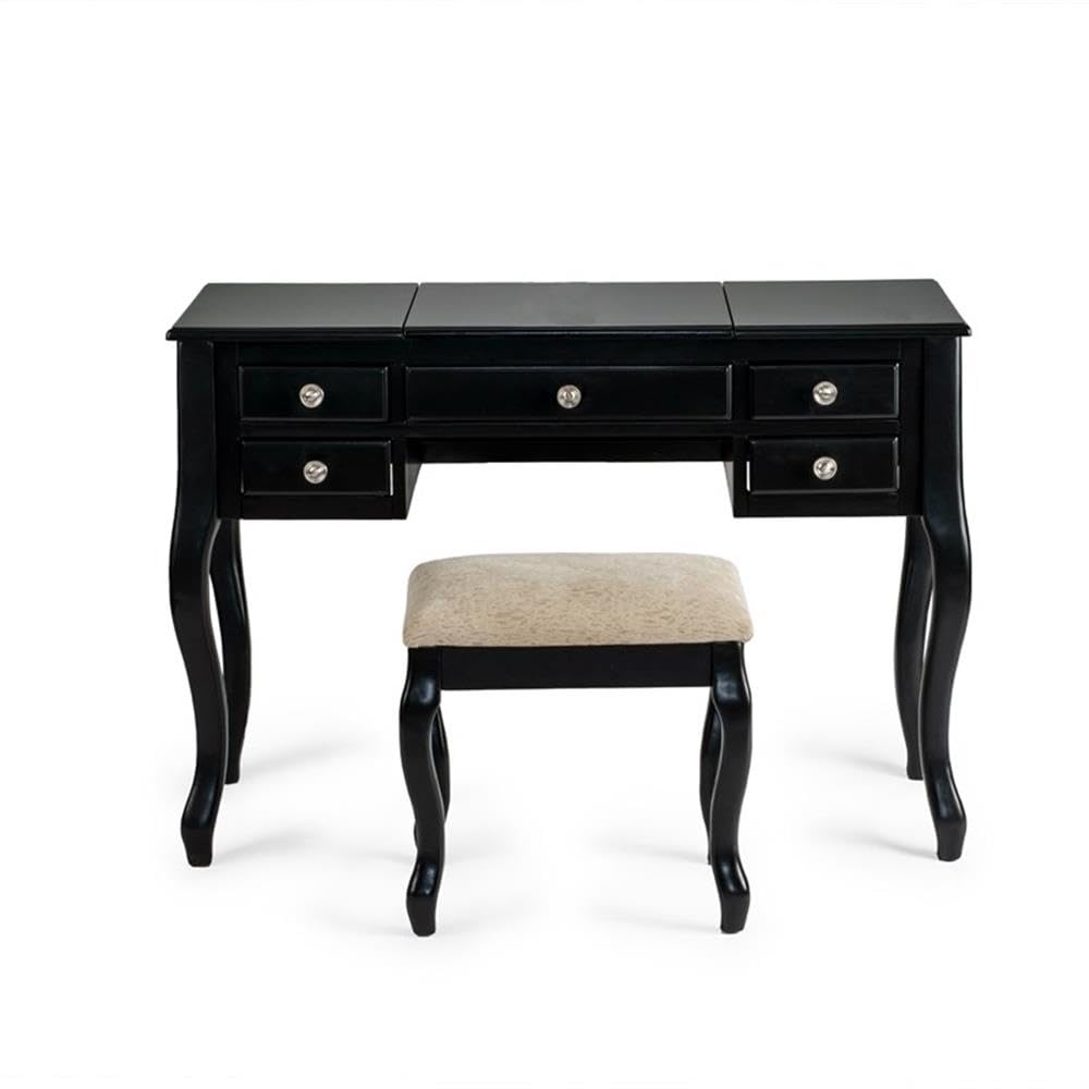 BOWERY HILL Black Wooden Vanity Set with Stool and Mirror - Elegant Dressing Table for Bedroom, Bathroom & Makeup Area - Perfect for Home Decor & Vanity Organization