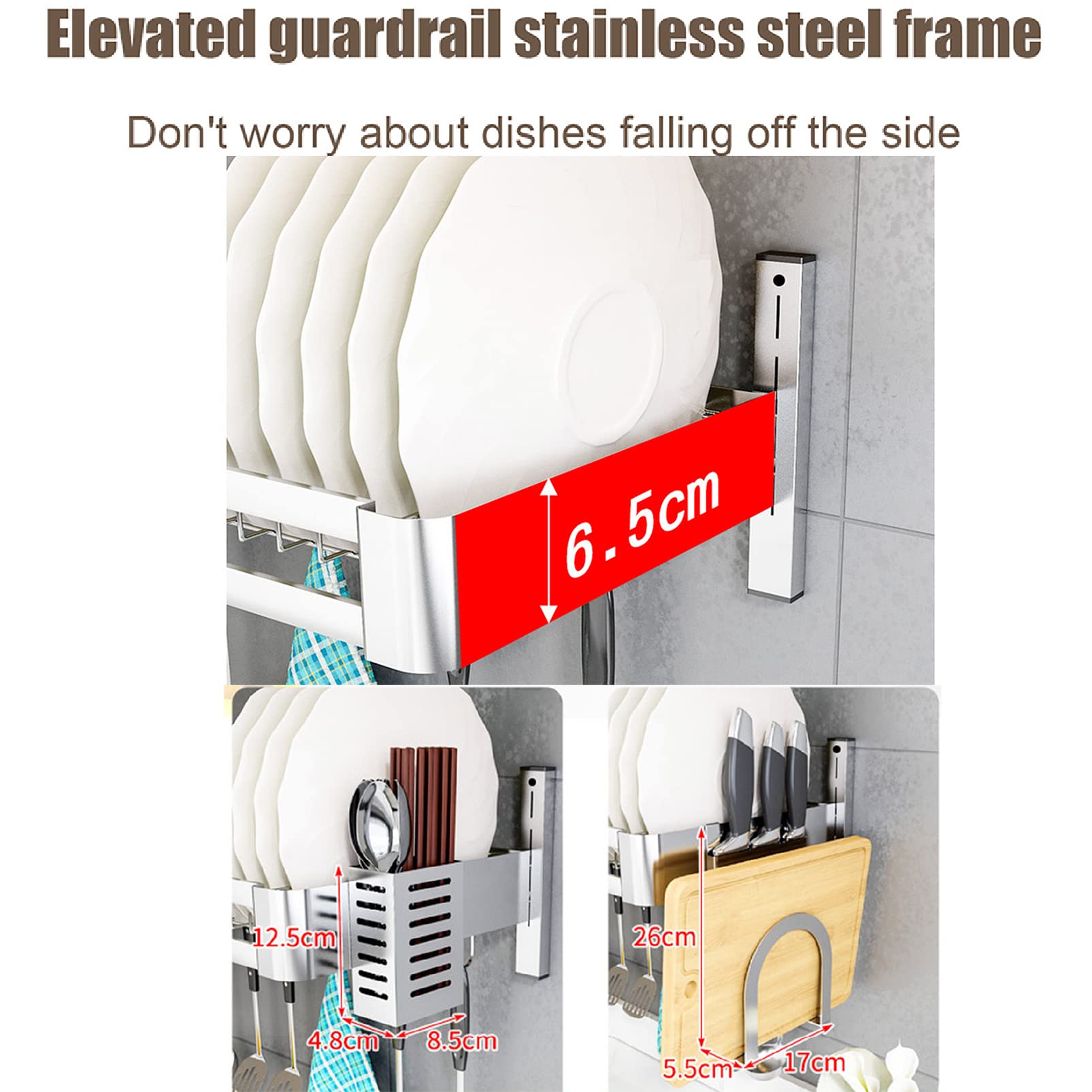 Stainless Steel Over The Sink Dish Drying Rack - Wall Mounted Kitchen Organizer with Utensil Hooks & Knife Holder | Space Saving Plate Drainer for Small Kitchens, Apartments & RVs
