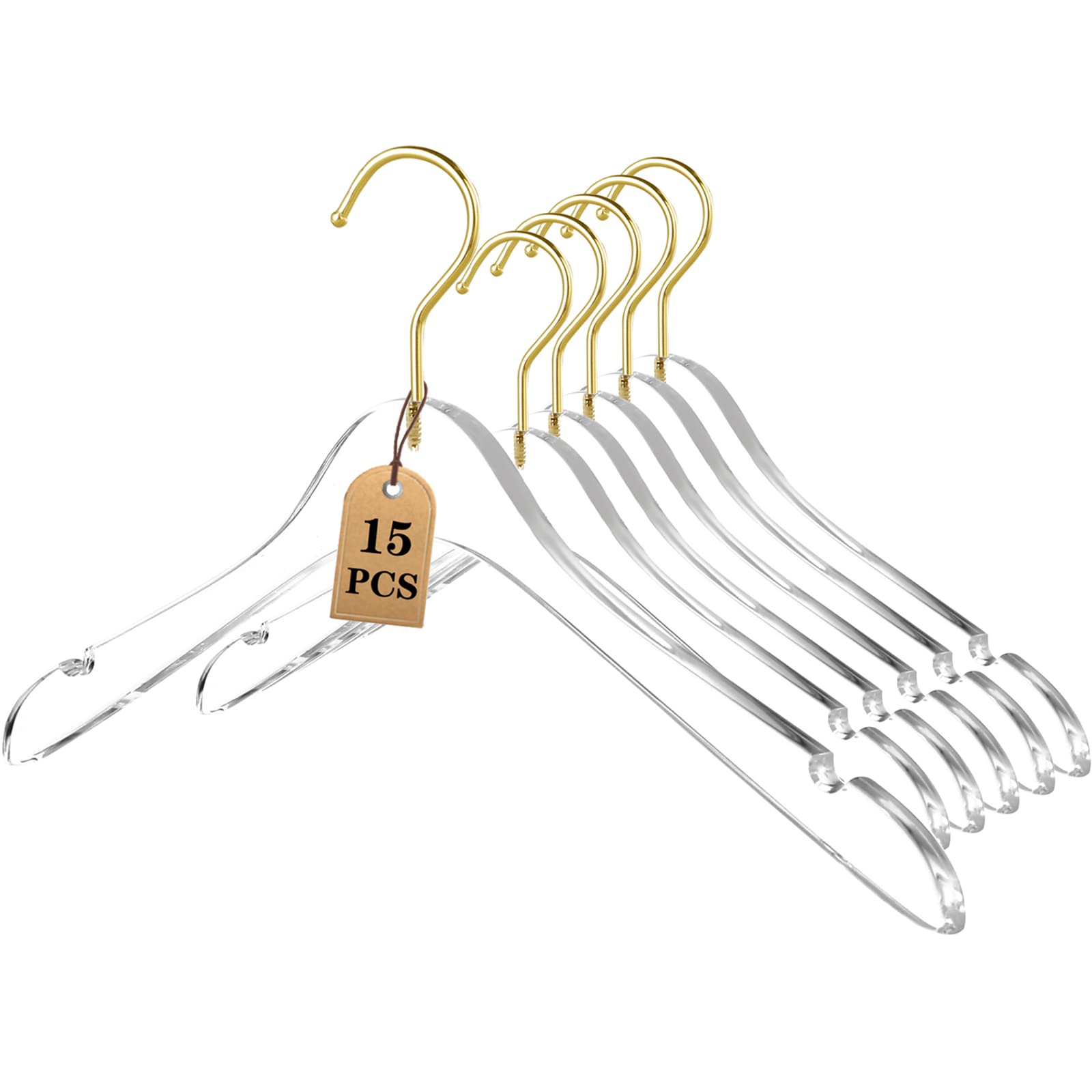 Besser 15 Pack Clear Acrylic Clothes Hangers with Swivel Gold Hooks - Premium Crystal Dress Hangers for Wardrobe Organization, Luxury Shiny Closet Essentials (Clear-Style B) - Perfect for Displaying Dresses, Blouses & Delicate Garments in Walk-In Closets & Boutiques