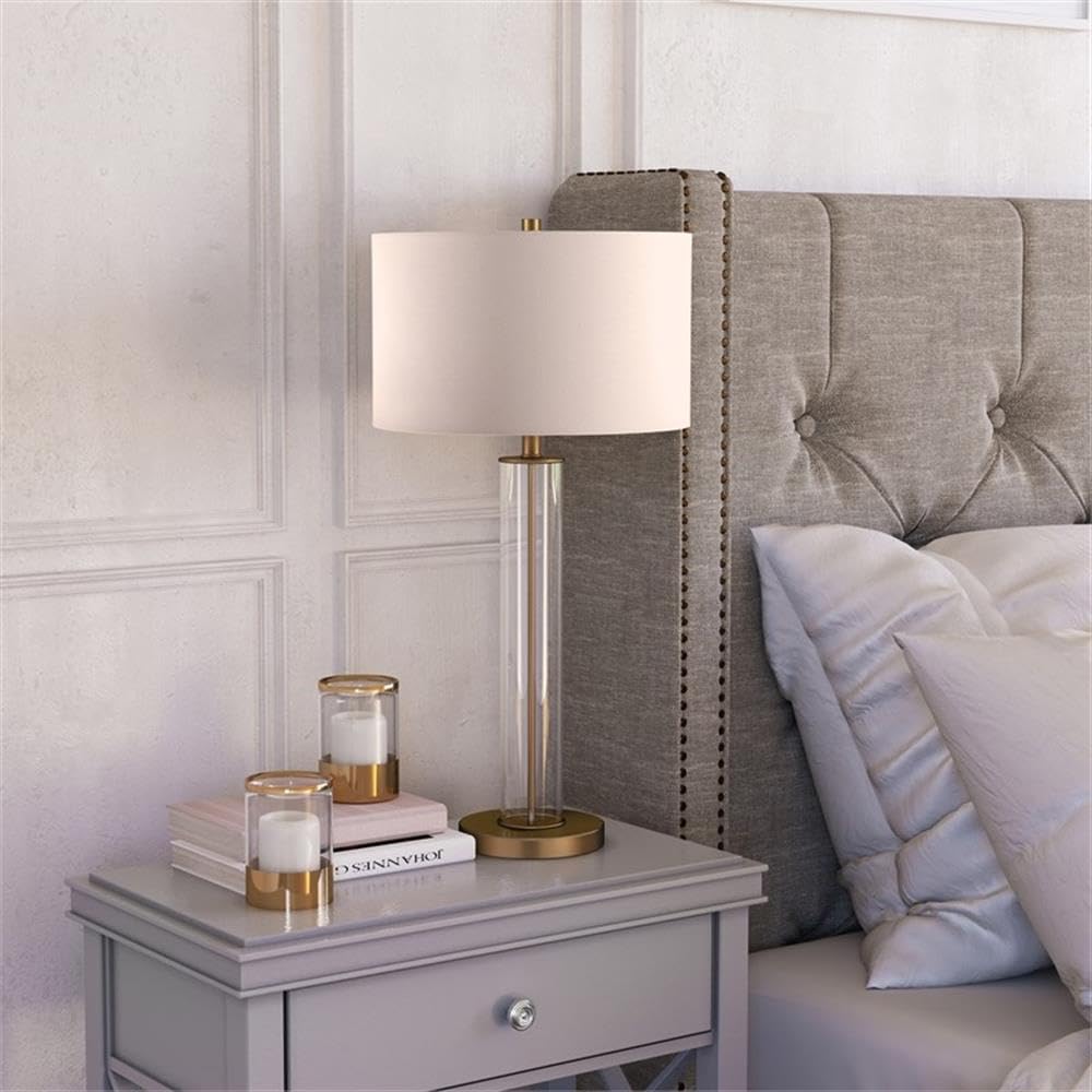 Elegant Clear Glass Table Lamp with Brass Accents & Linen Shade - Modern Home Office Bedroom Nightstand Lighting Decor for Living Room, Study, or Dorm