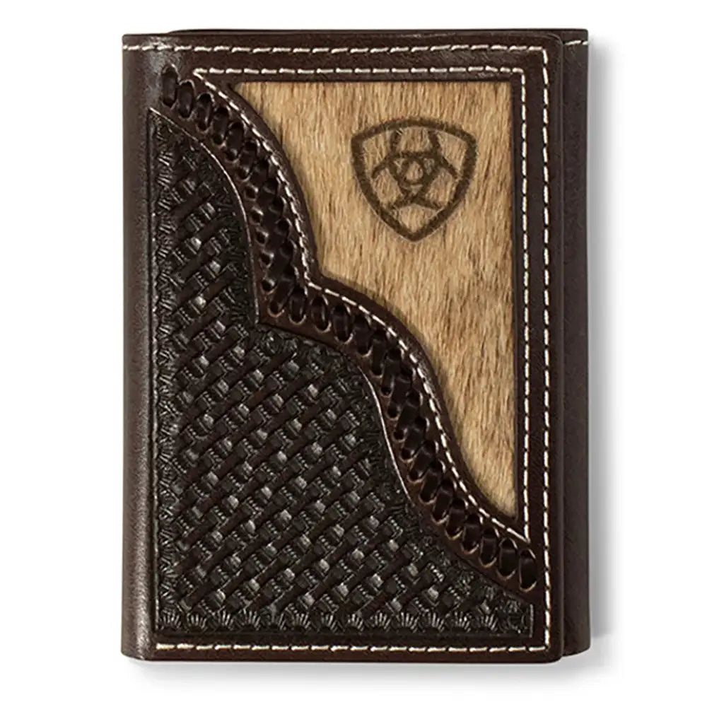 Ariat Men's Trifold Wallet with Brindle Calf Hair Overlay - Genuine Leather RFID Blocking Bifold Wallet for Everyday Carry & Travel