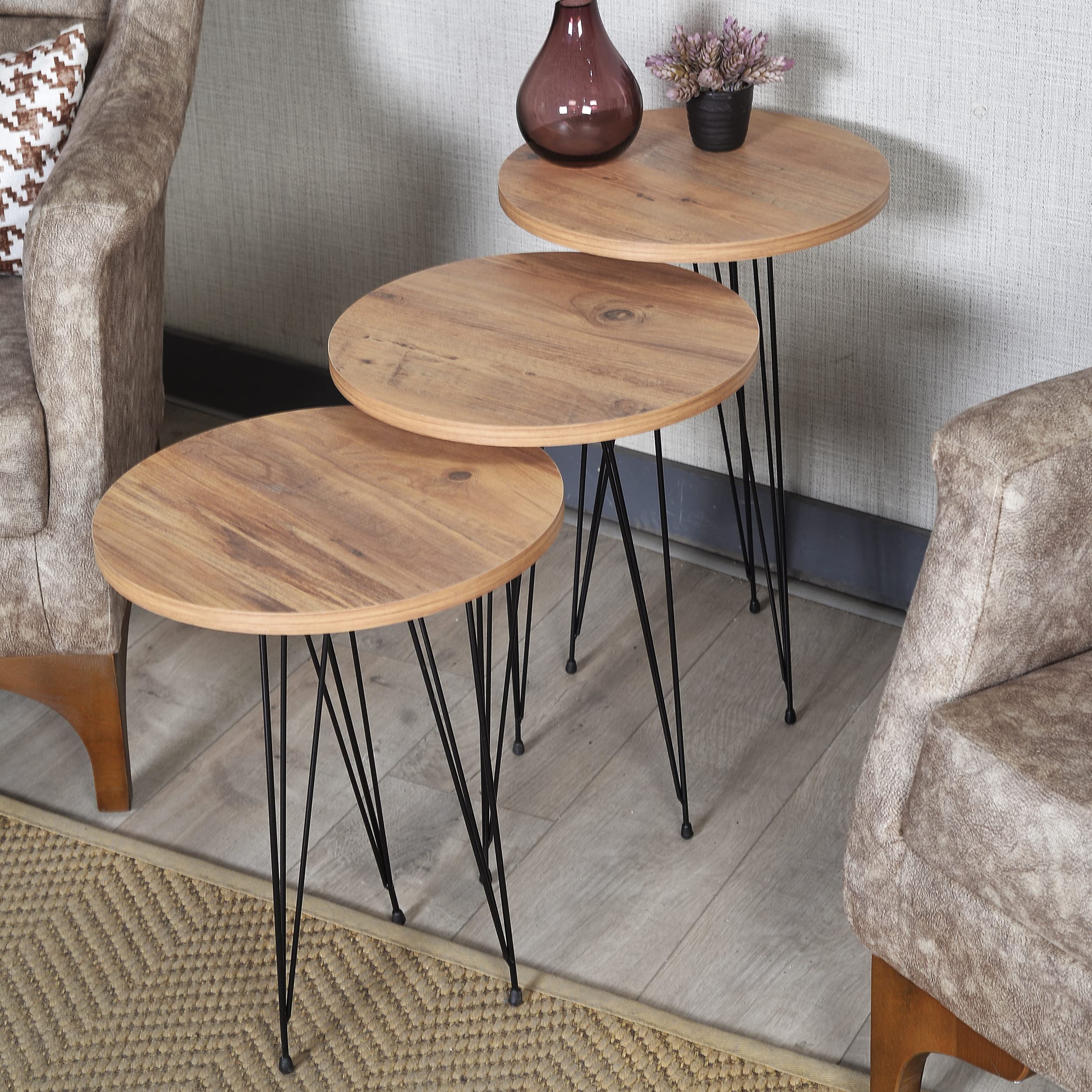 PAK HOME Set of 3 Round Pine Wood Nesting End Tables with Metal Legs - Stackable Coffee Side Accent Tables for Living Room, Bedroom Nightstand, Home Office - Perfect for Small Spaces, Apartment Decor & Modern Furniture Arrangement