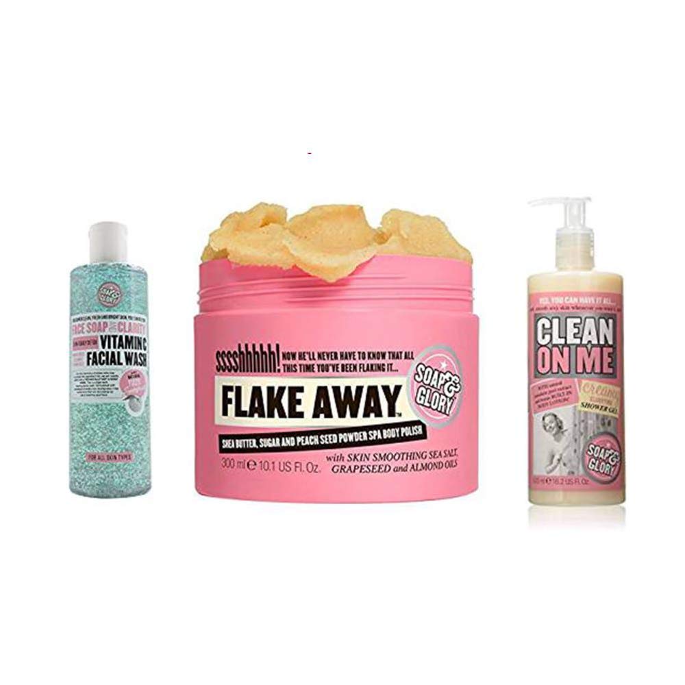Soap and Glory Body Flake Away Exfoliating Scrub with Face Soap & Clarity 3-in-1 Cleanser + Clean On Me Clarifying Shower Gel Set - Skincare Bundle for Smooth Skin & Deep Cleansing | Perfect for Spa Day, Dry Skin Treatment & Daily Shower Routine