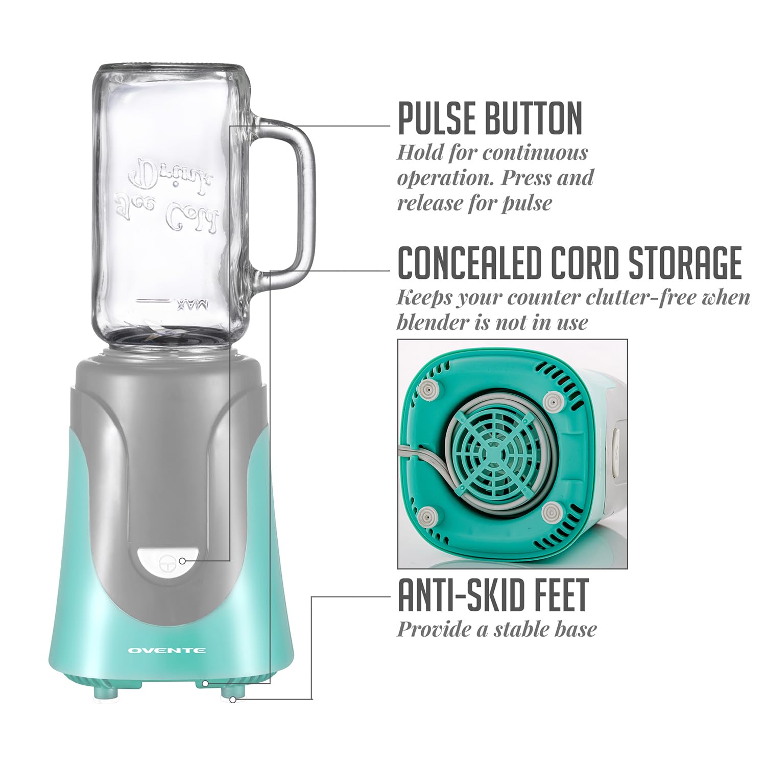 OVENTE BLH100T 300W Personal Blender with 18oz BPA-Free Mason Jar - Stainless Steel Blades, Dishwasher Safe, Includes Reusable Straw & Lid - Perfect for Smoothies, Protein Shakes & Meal Prep (Turquoise)
