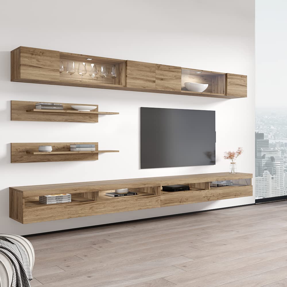 Modern Floating TV Stand with Storage & LED Lights - Wall-Mounted Entertainment Center for Bedroom & Living Room - Oak Wood TV Console with Shelves - Perfect for Small Spaces & Home Theater Setup