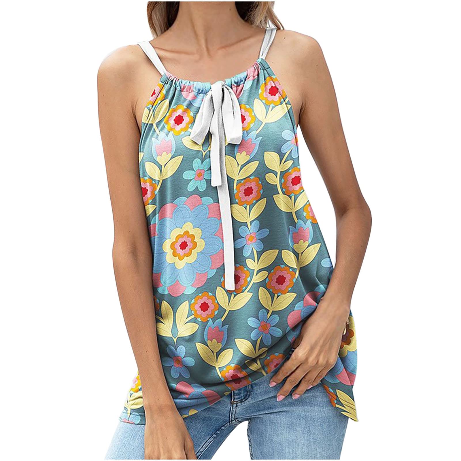 Roliyen Women's Sexy Vintage Print Suspender Tank Top - Sleeveless V-Neck Summer Blouse for Casual Wear, Date Night & Beach Outfits