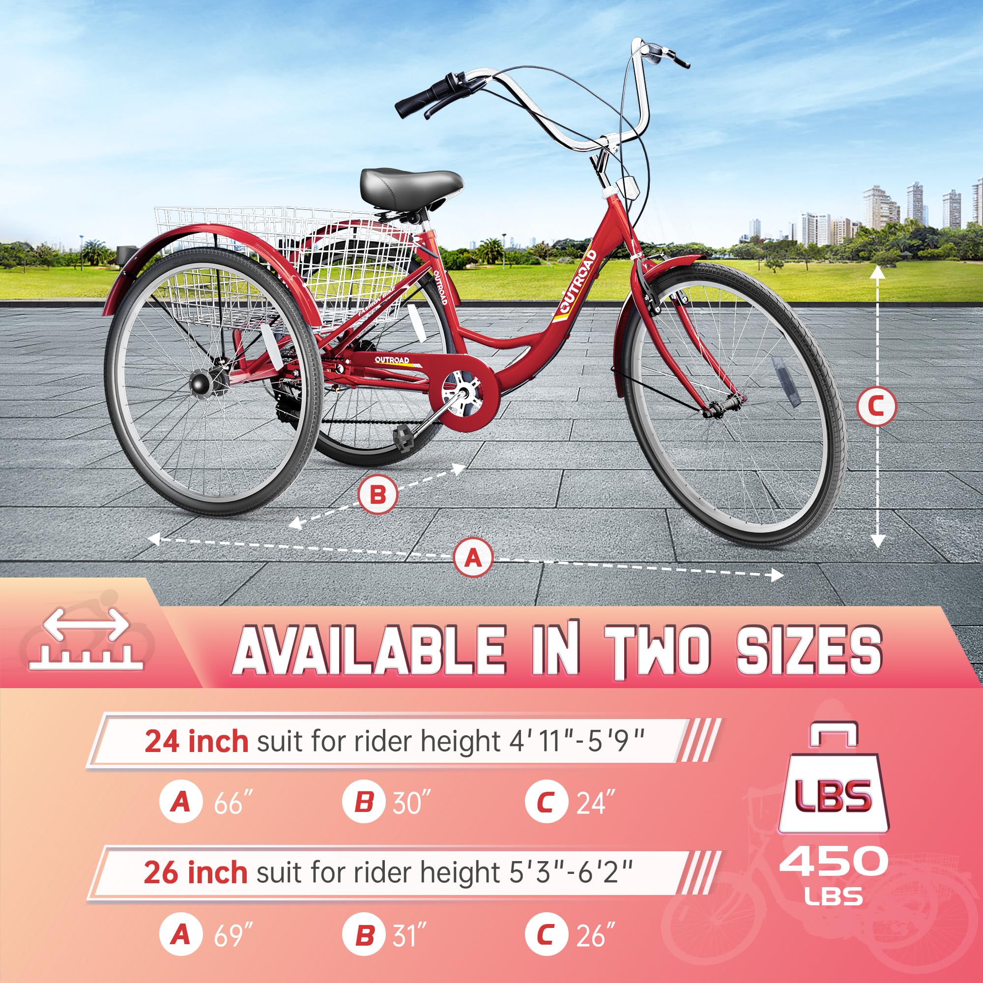 7 Speed Adult Tricycle - 24/26 Inch 3 Wheel Bike with Large Basket - Comfortable Cruiser Bike for Women, Men & Seniors - Perfect for Outdoor Riding, Grocery Shopping, Recreation & Picnics