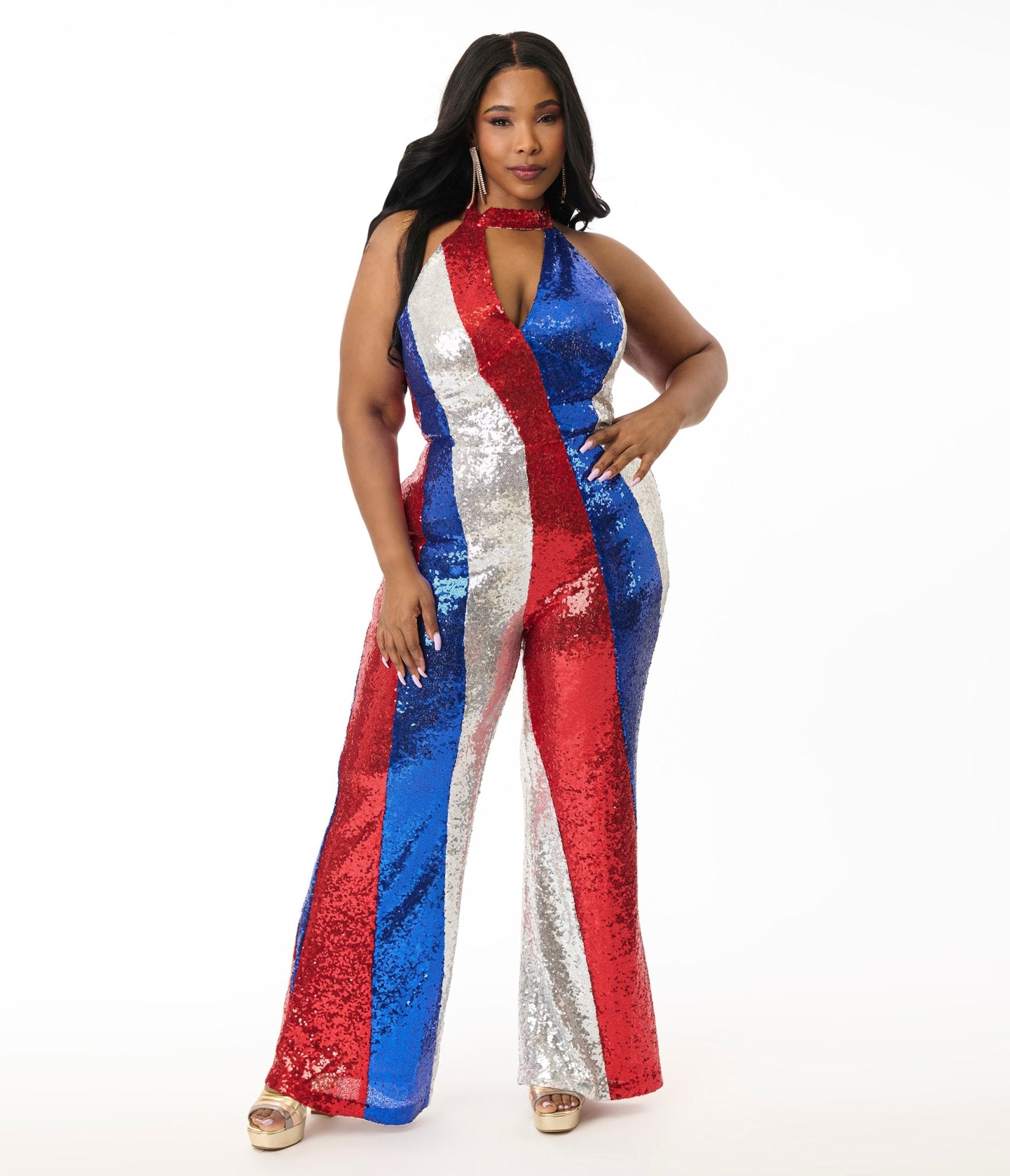 Smak Parlour Plus Size Sequin Glamour Goddess Jumpsuit - Red, Silver & Blue | Perfect for Parties, Prom & Special Occasions