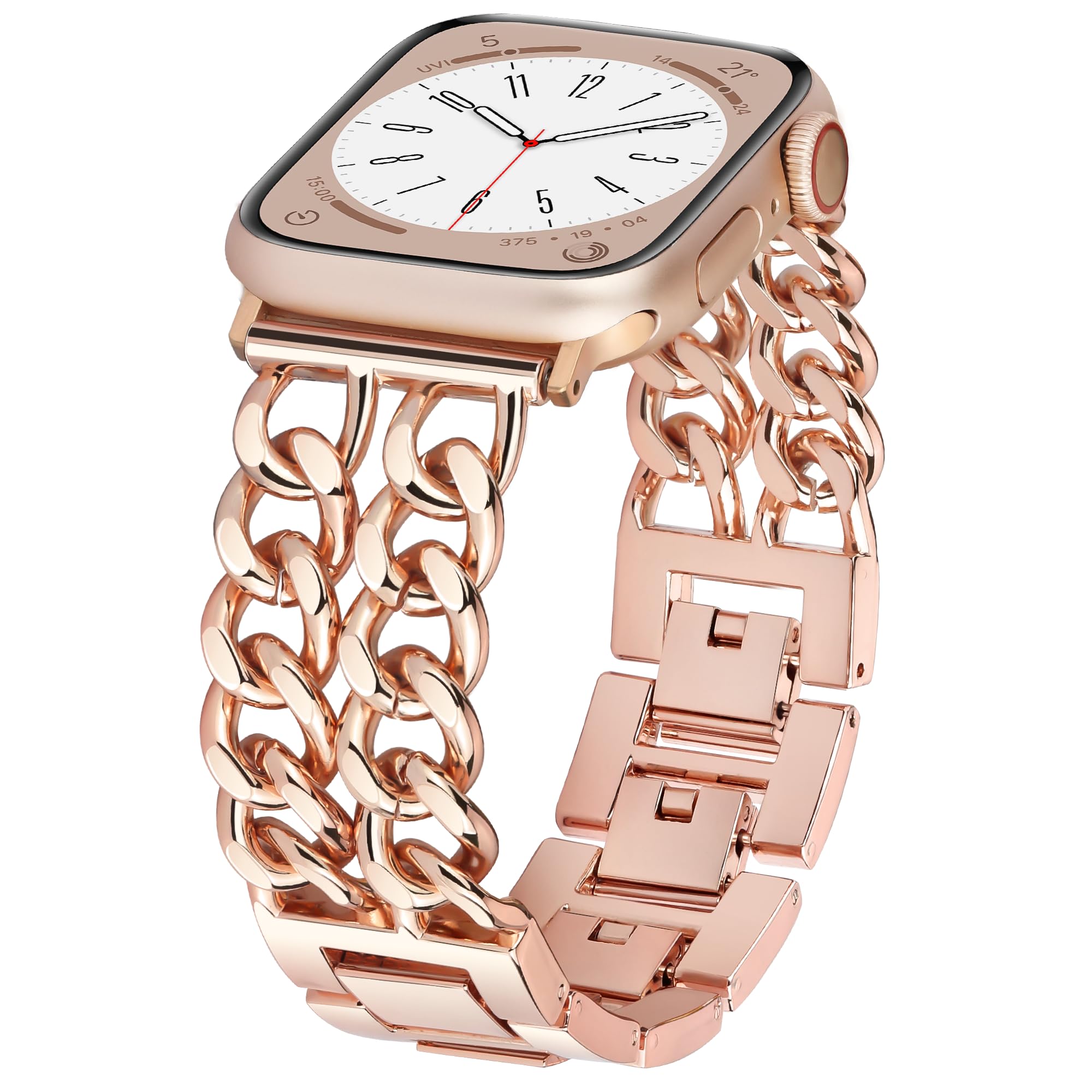 Elegant Rose Gold Double Chain Metal Apple Watch Band - Compatible with Apple Watch Ultra 2/1, SE, Series 10/9/8/7/6/5/4/3/2/1 (40mm 41mm 42mm 38mm) - Stylish Unisex Bracelet for Work, Parties & Everyday Wear